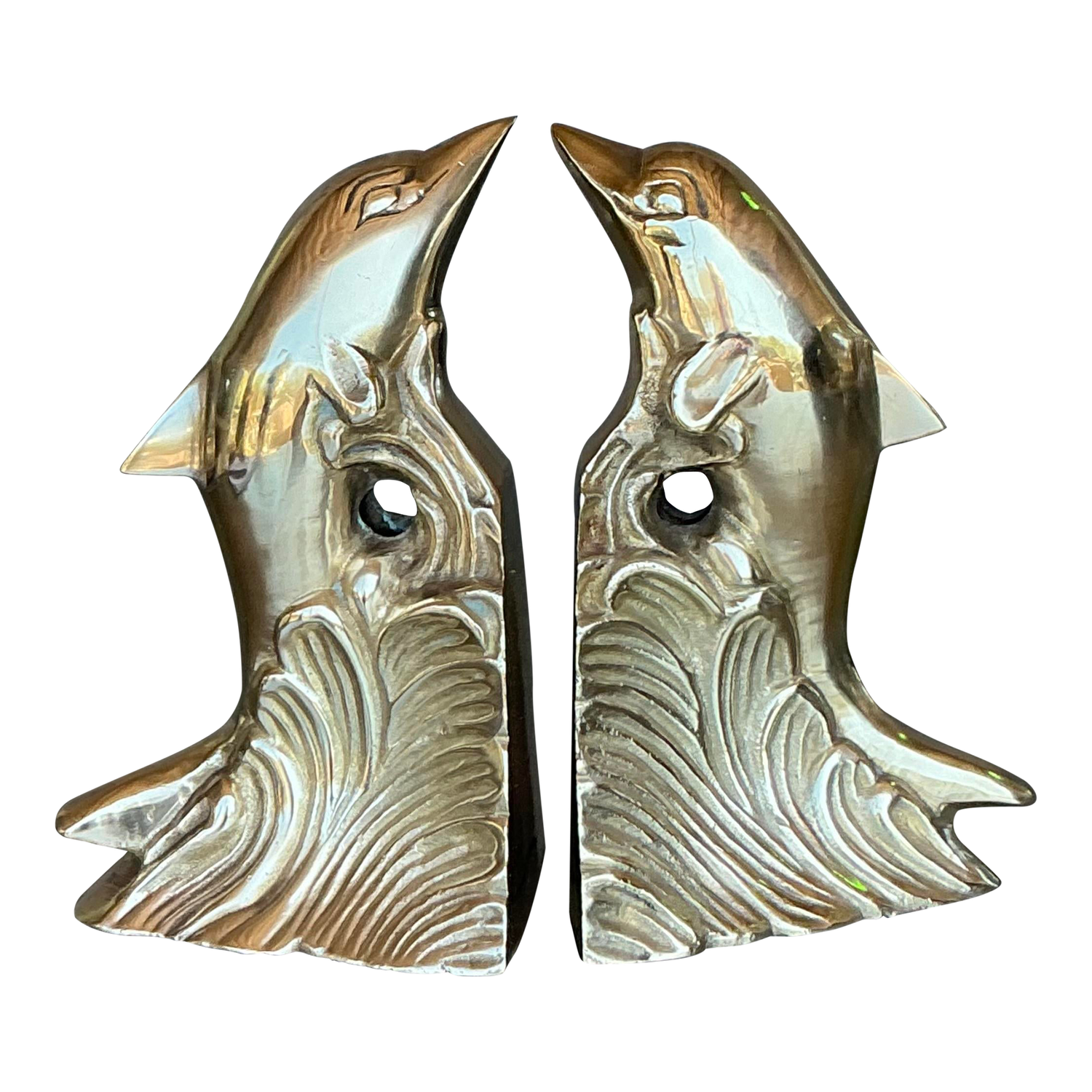 Vintage Boho Polished Brass Dolphin Bookends - A Pair - Detail view