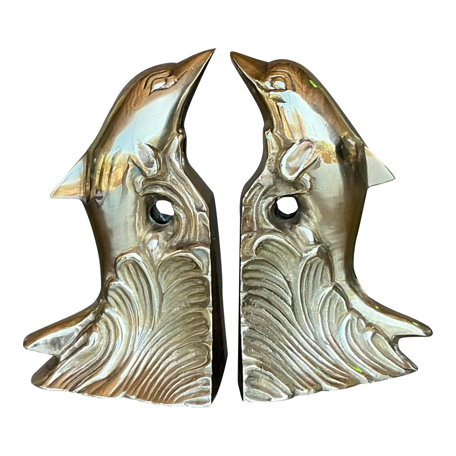 Vintage Boho Polished Brass Dolphin Bookends - A Pair