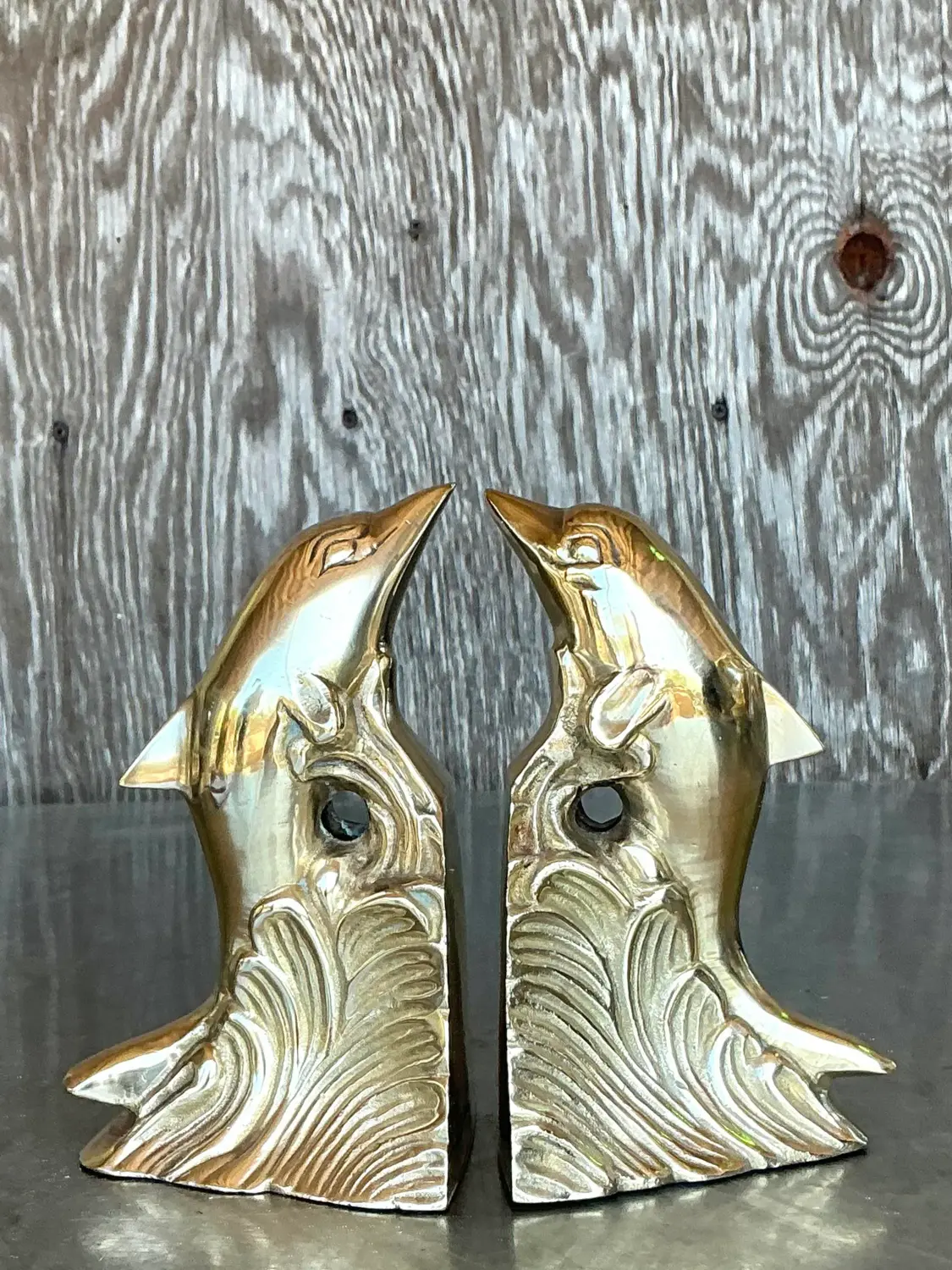Vintage Boho Polished Brass Dolphin Bookends - A Pair - Back view