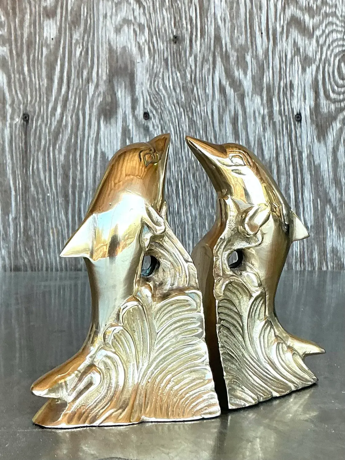 Vintage Boho Polished Brass Dolphin Bookends - A Pair - Top view