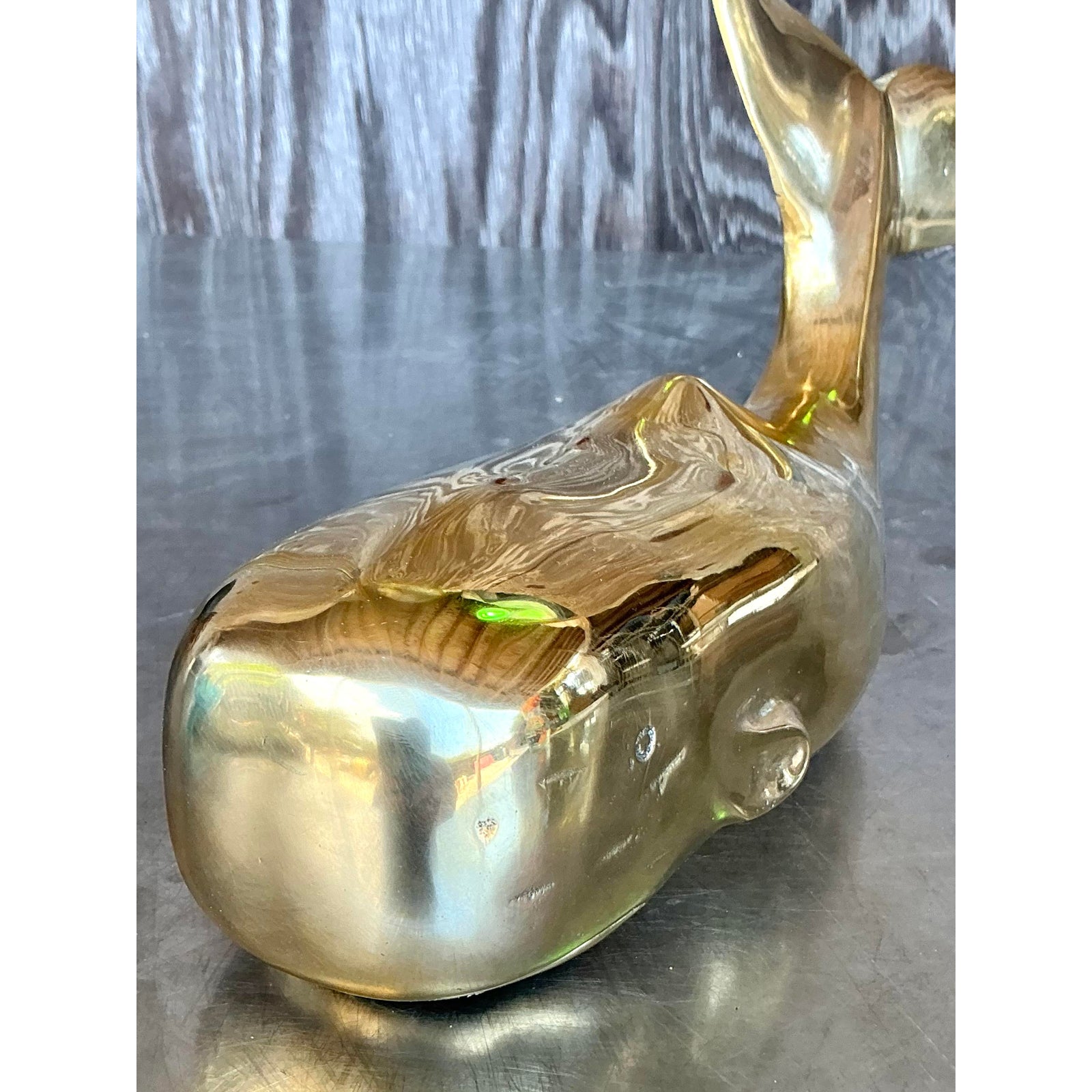 Vintage Boho Polished Brass Whale - Top view