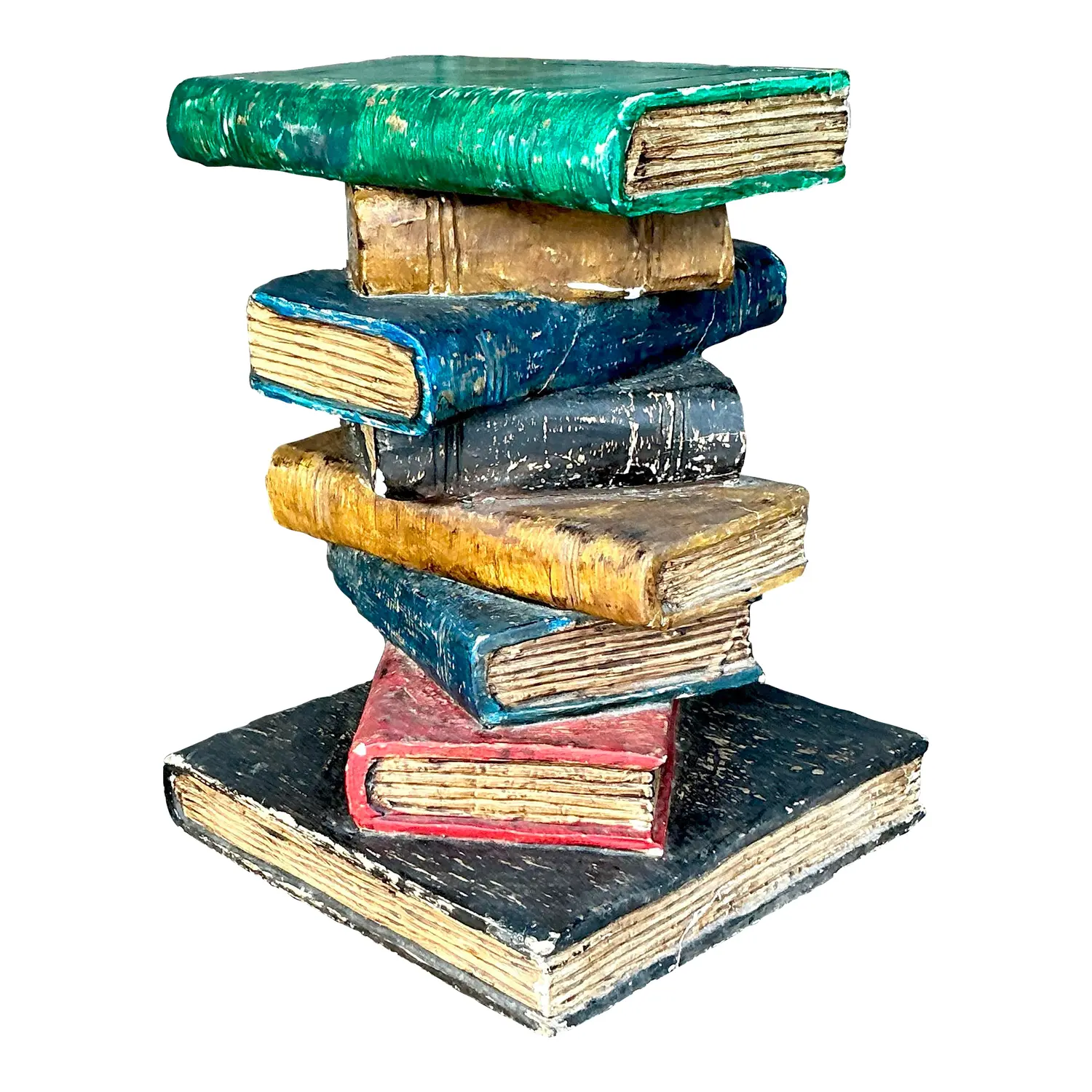 Vintage Boho Polychrome Plaster Stacked Books Side Table