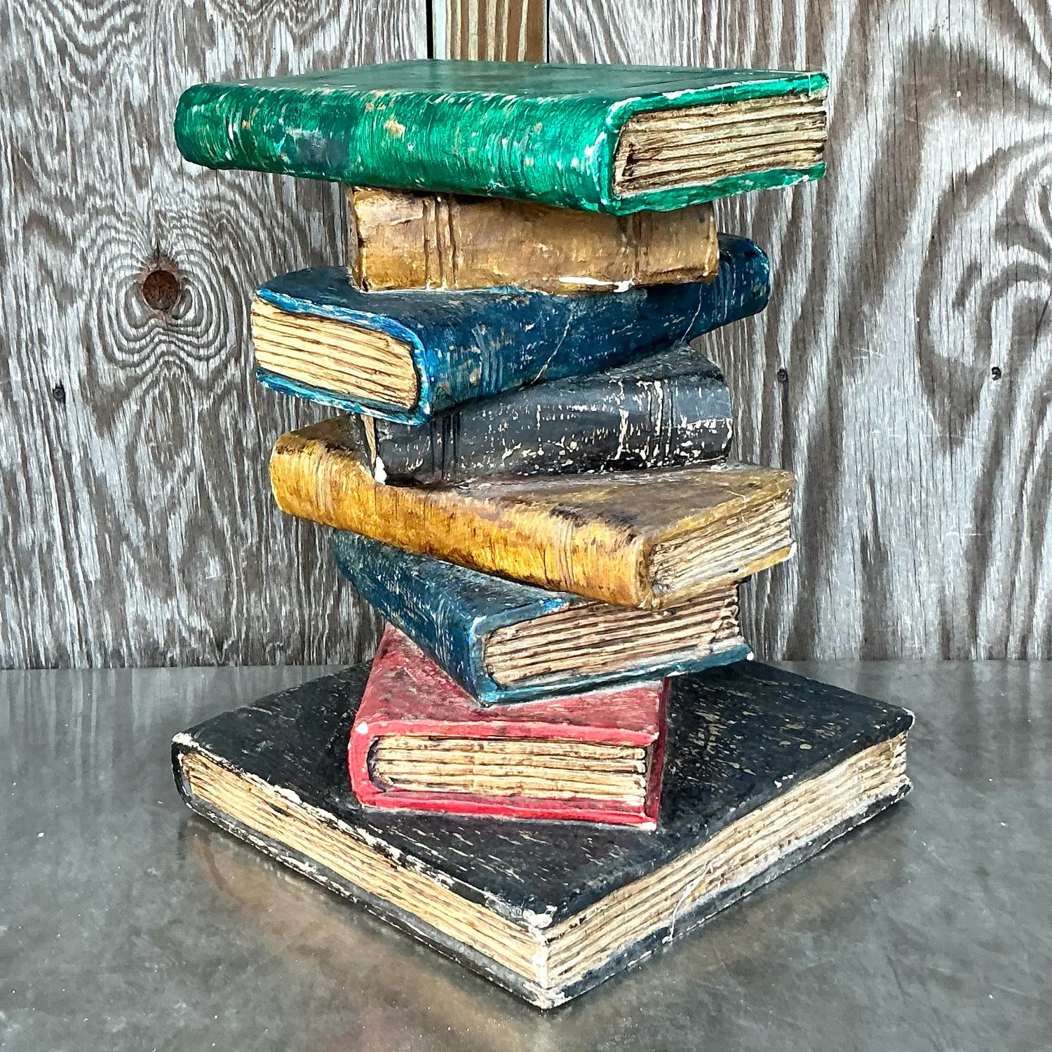Vintage Boho Polychrome Plaster Stacked Books Side Table - Side view