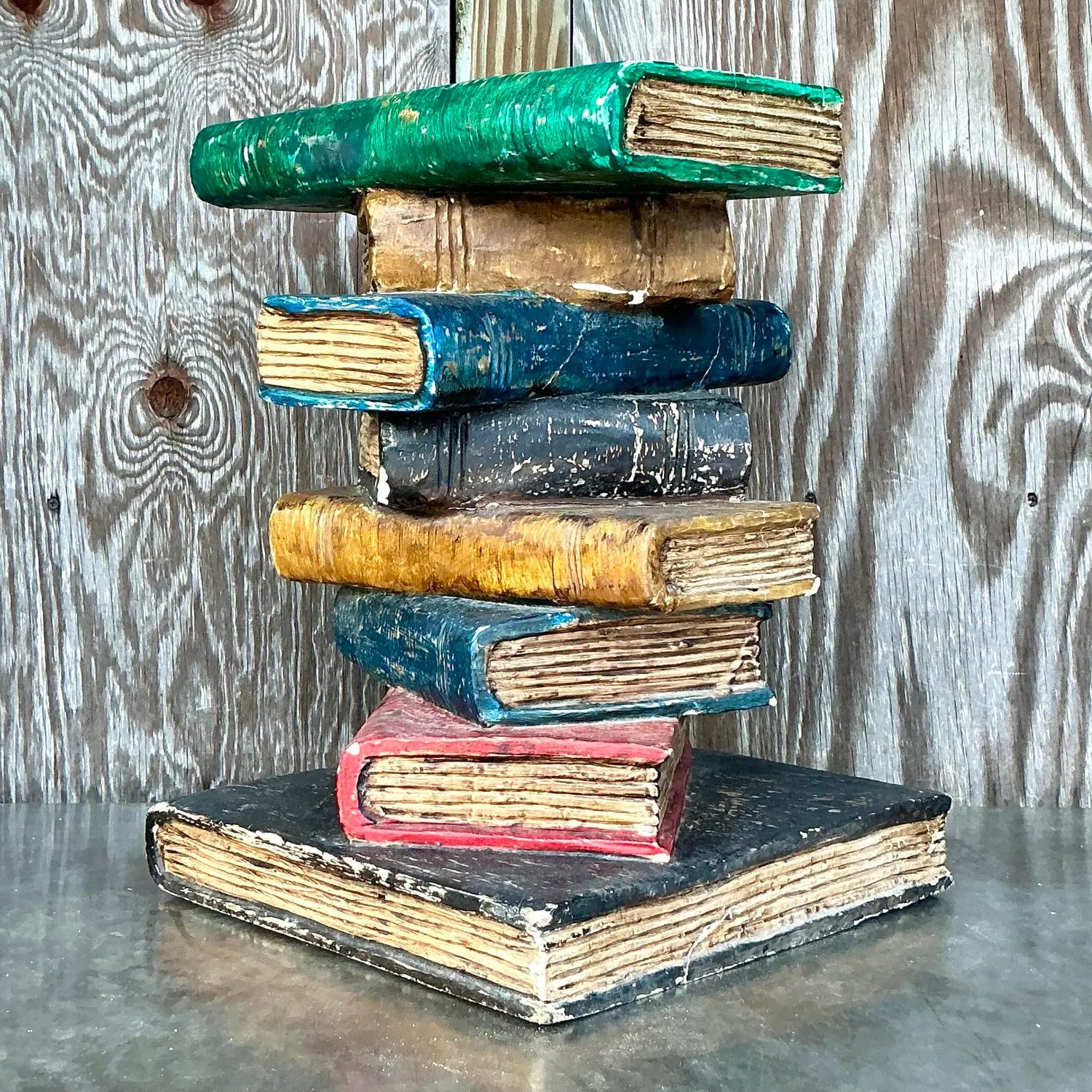 Vintage Boho Polychrome Plaster Stacked Books Side Table - Top view