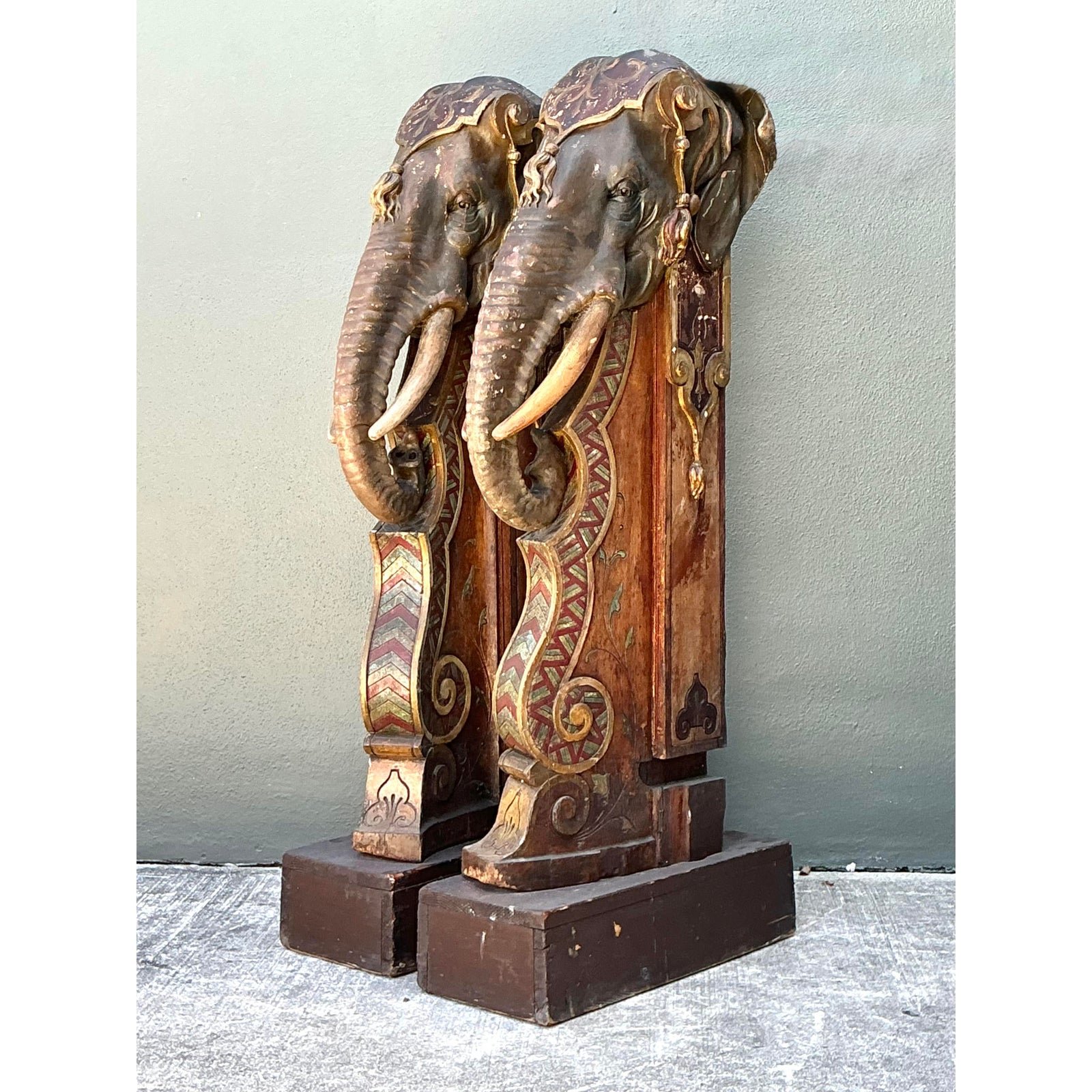 Vintage Boho Polychromed Elephant Statues - A Pair - Detail view