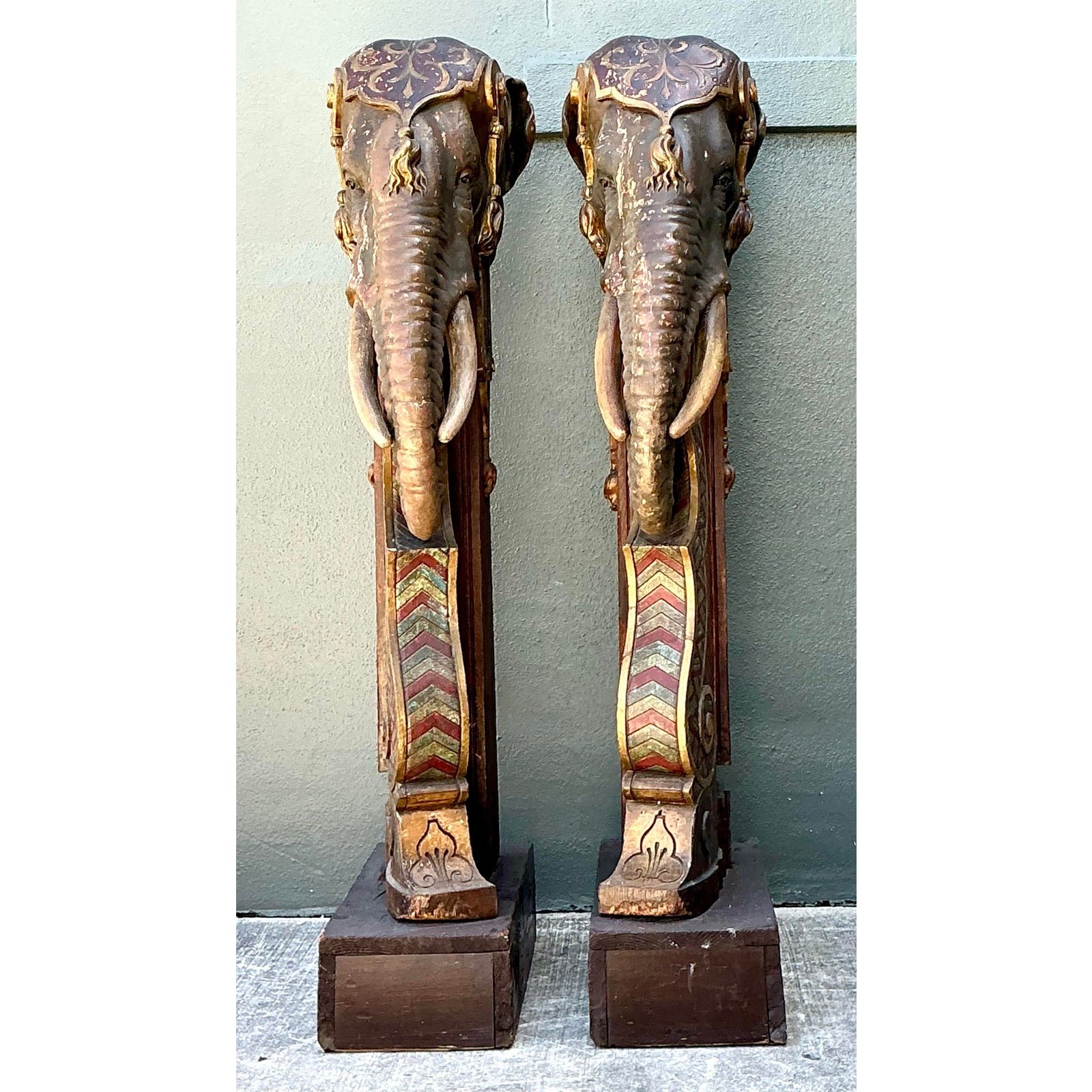 Vintage Boho Polychromed Elephant Statues - A Pair - Side view