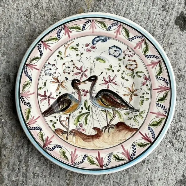 Vintage Boho Portuguese Hand Painted Plate With Quail - Back view
