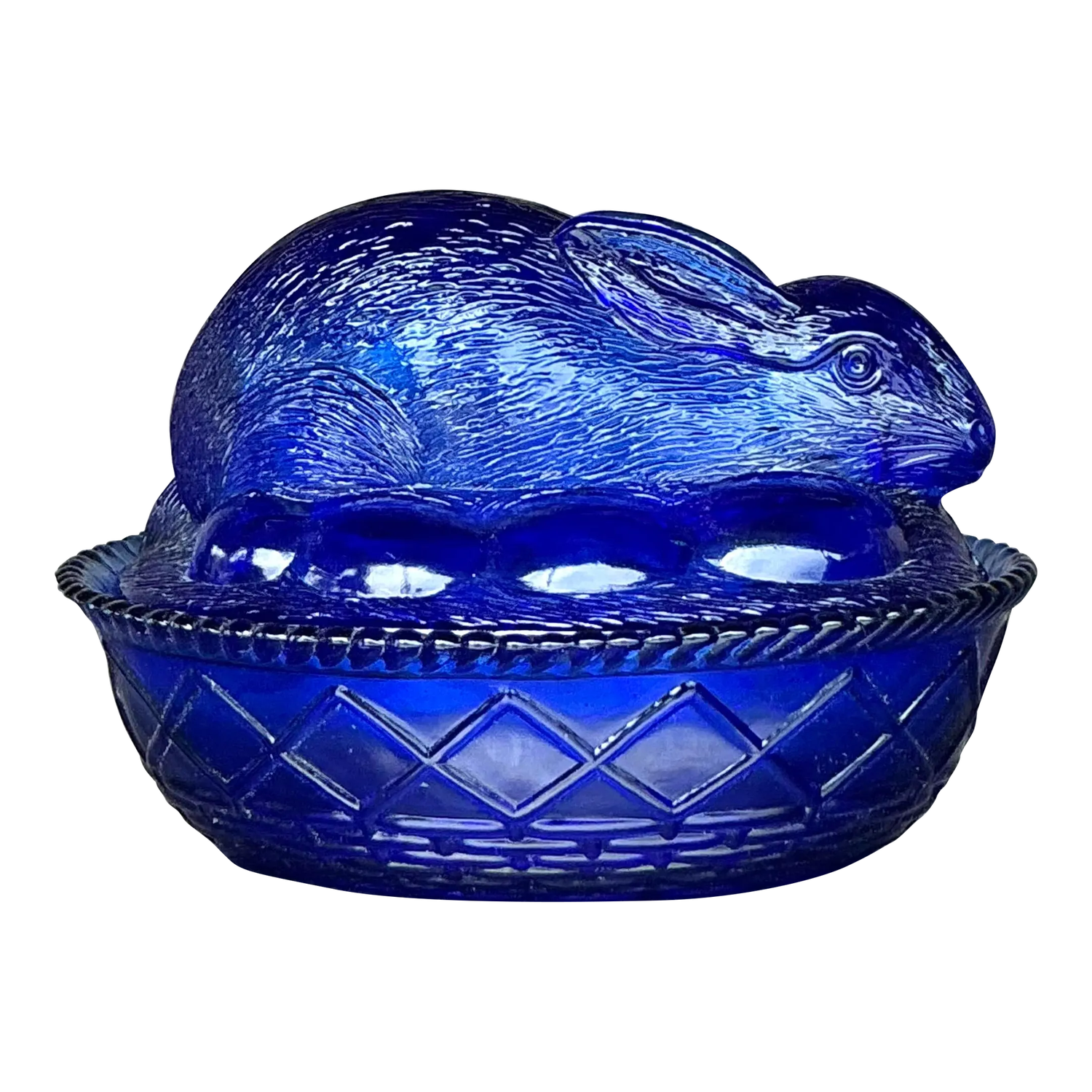 Vintage Boho Pressed Glass Rabbit Lidded Trinket Dish - Detail view