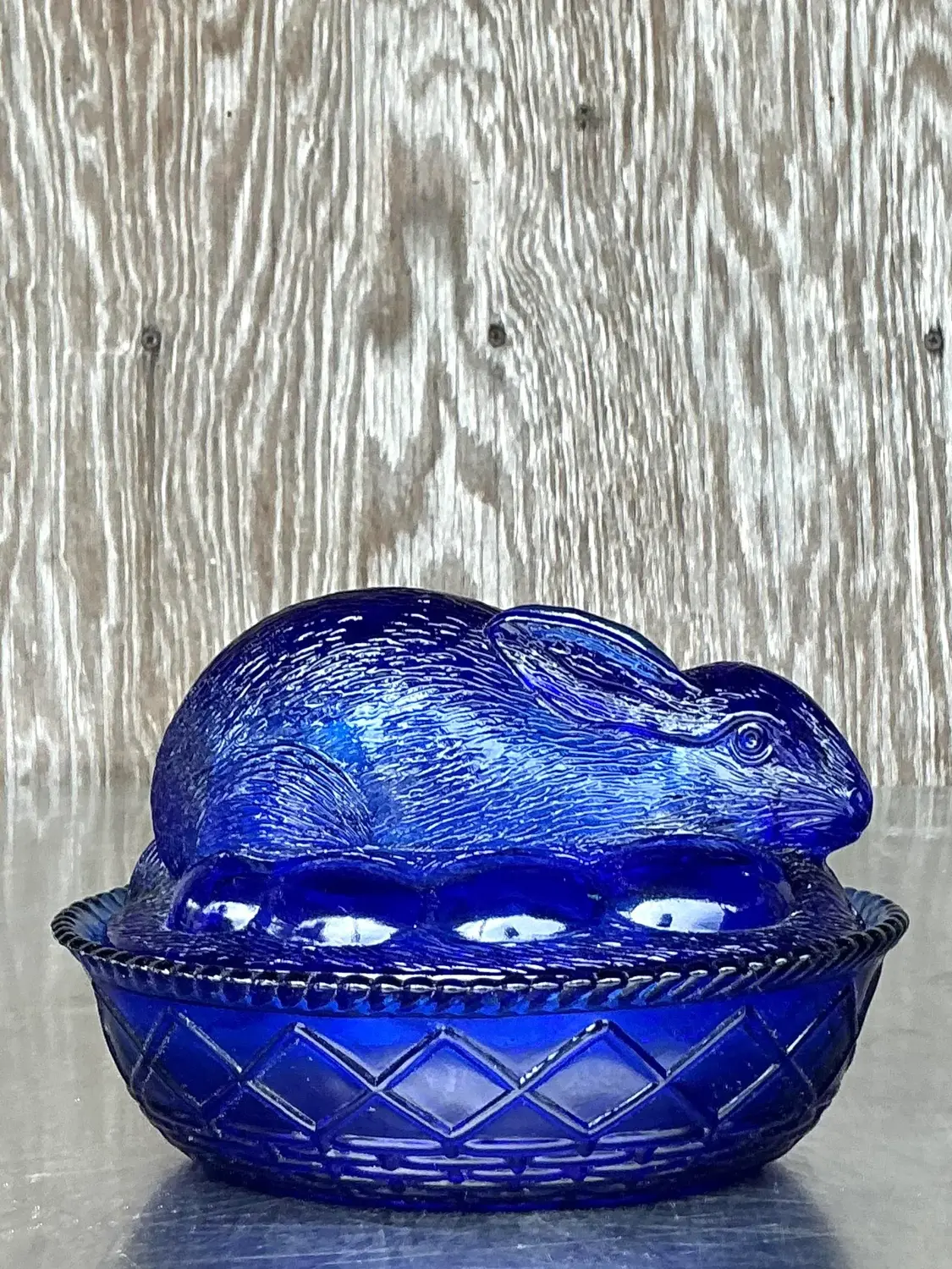 Vintage Boho Pressed Glass Rabbit Lidded Trinket Dish - Side view