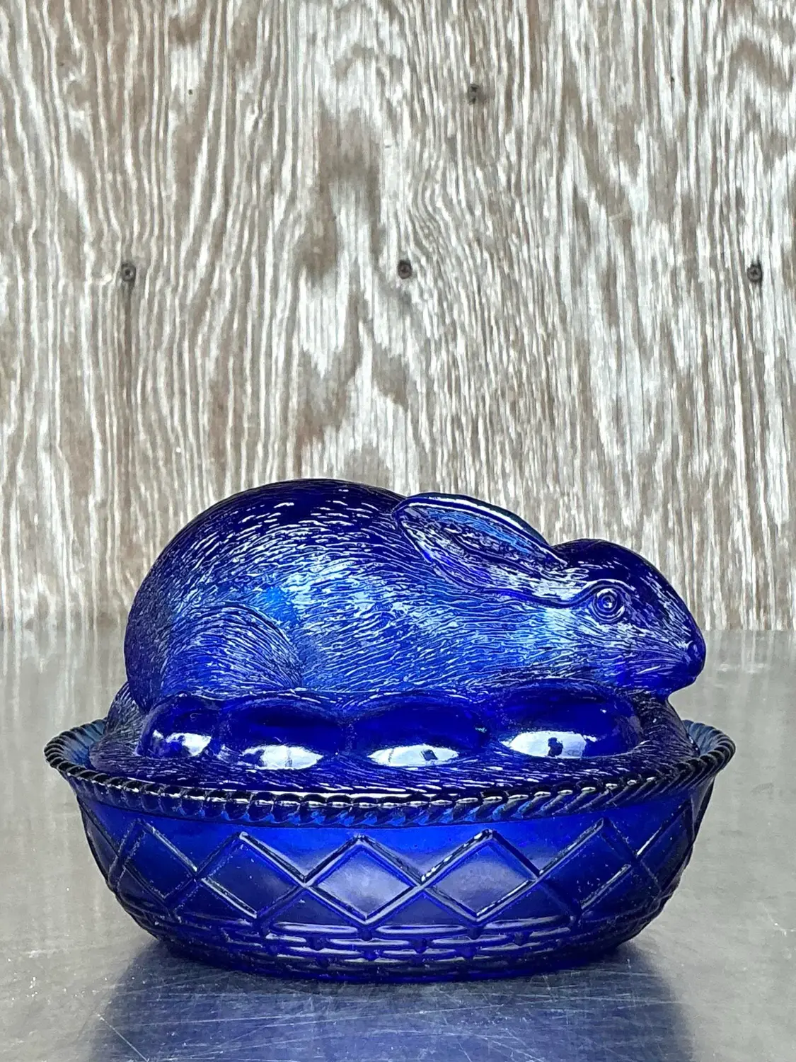Vintage Boho Pressed Glass Rabbit Lidded Trinket Dish - Top view