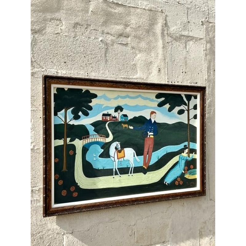 Vintage Boho Primitive Figurative Oil Painting - Top view