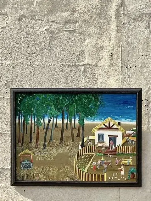Vintage Boho Primitive Landscape Painting - Detail view