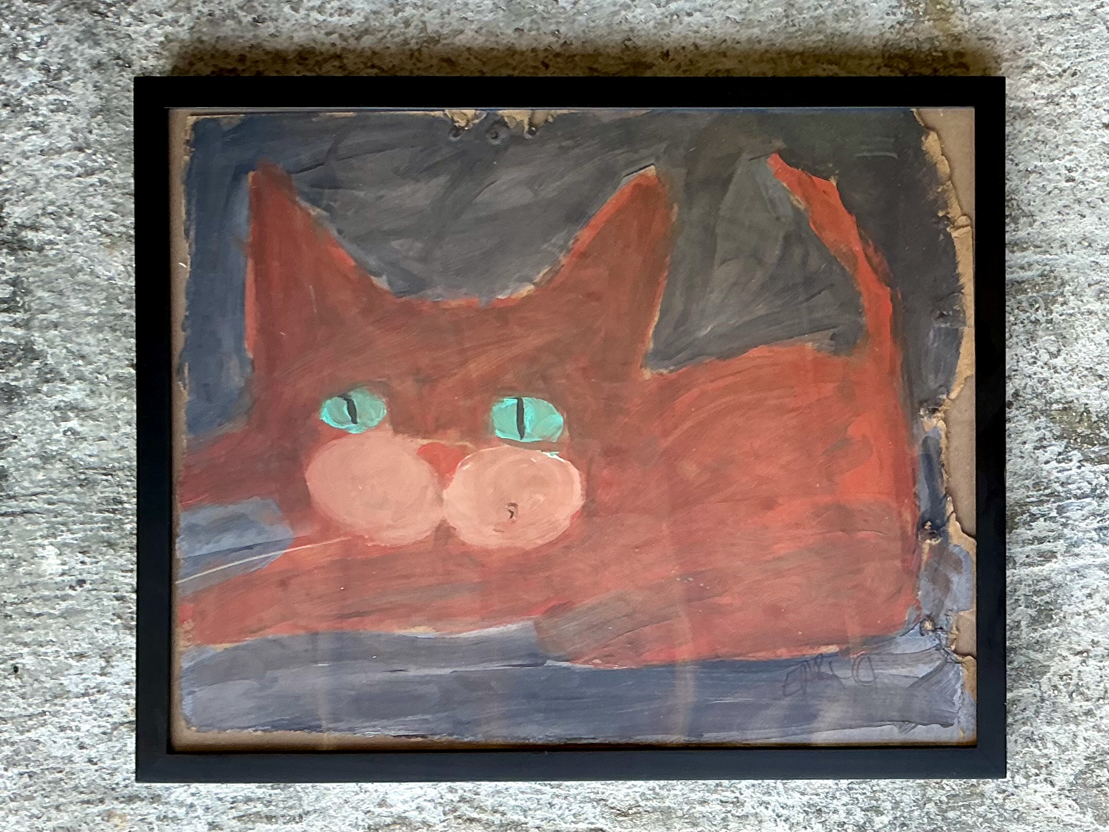 Vintage Boho Primitive Painting Of Cat - Top view