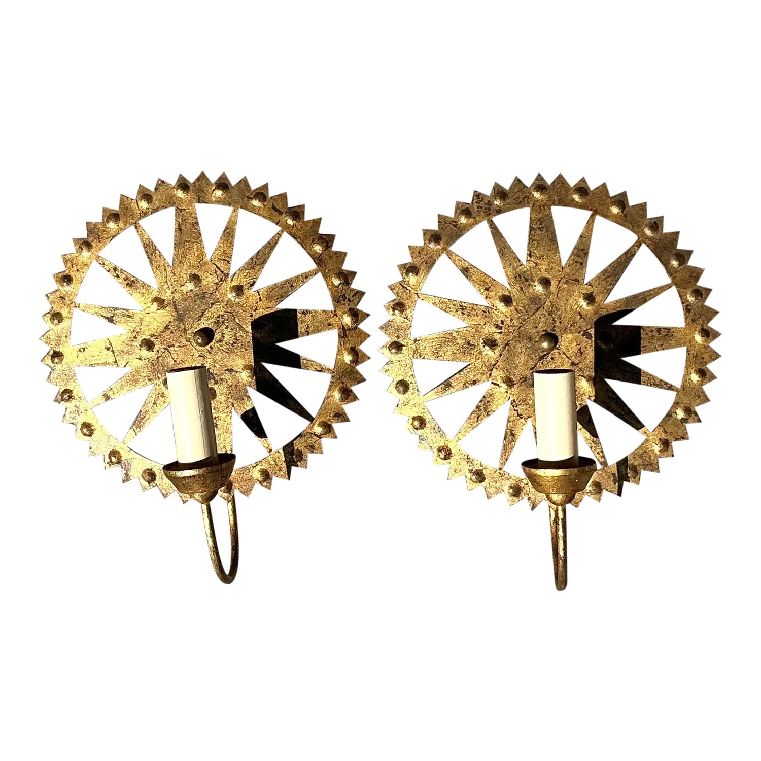 Vintage Boho Punch Cut Gilt Light Sconces - a Pair - Detail view