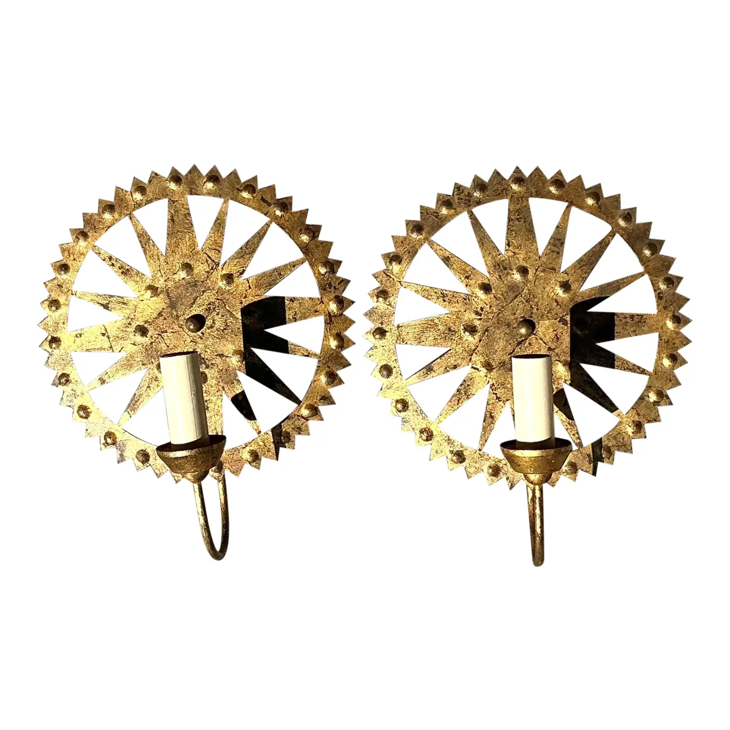 Vintage Boho Punch Cut Gilt Light Sconces - a Pair