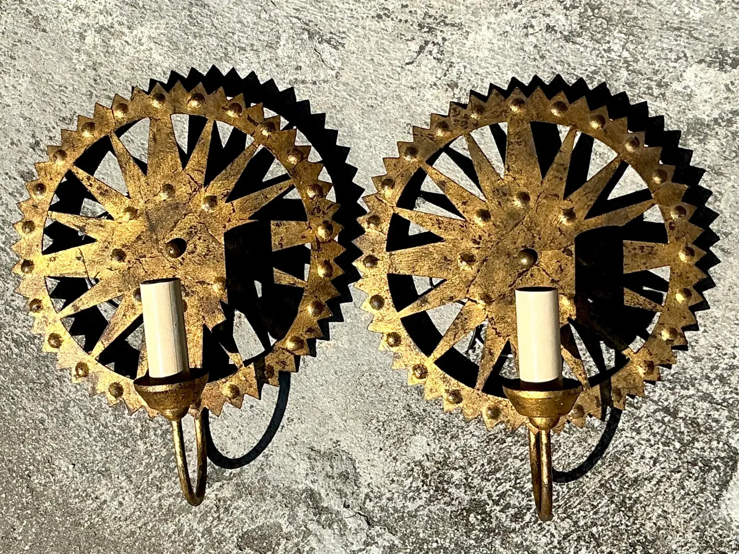 Vintage Boho Punch Cut Gilt Light Sconces - a Pair - Back view