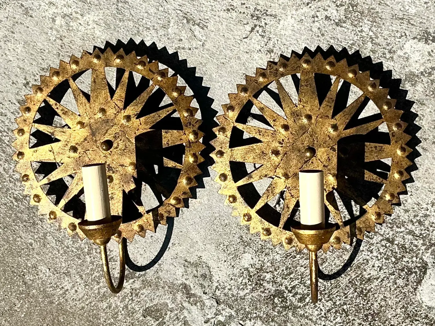 Vintage Boho Punch Cut Gilt Light Sconces - a Pair - Side view
