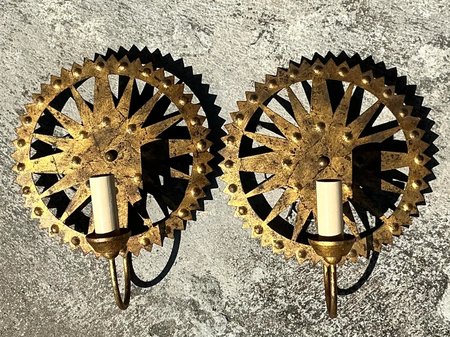 Vintage Boho Punch Cut Gilt Light Sconces - a Pair - Top view