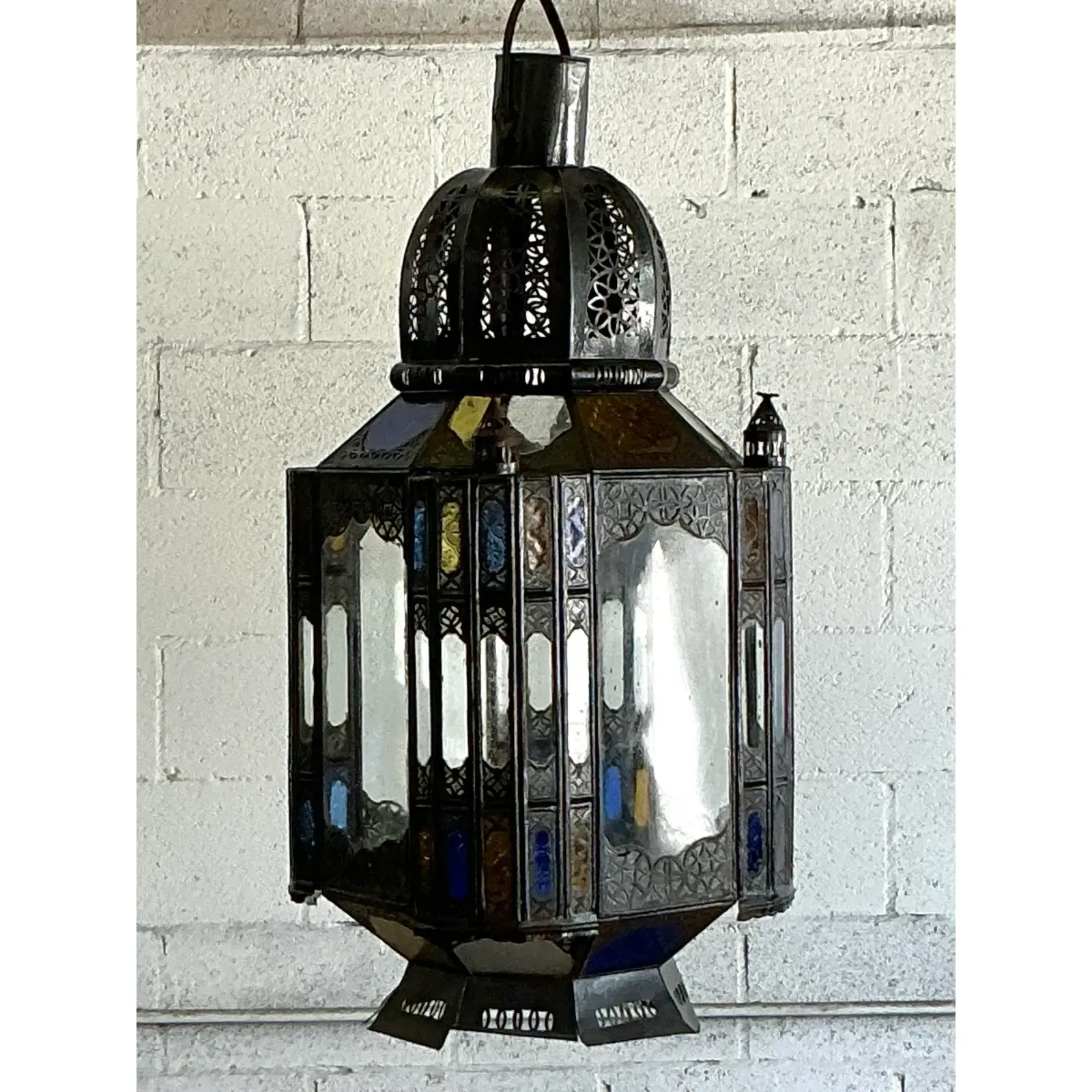 Vintage Boho Punch Cut Metal Moroccan Lantern - Top view
