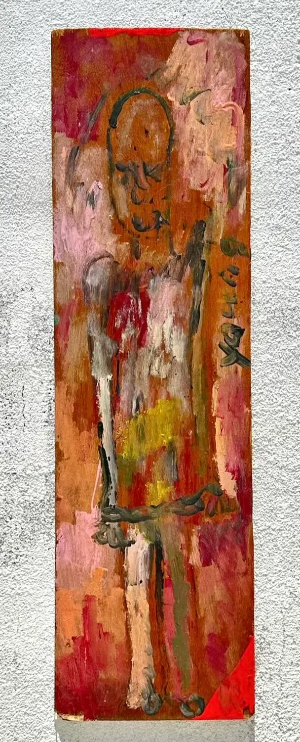 Vintage Boho Purvis Young Abstract Figural Painting on Board - Side view