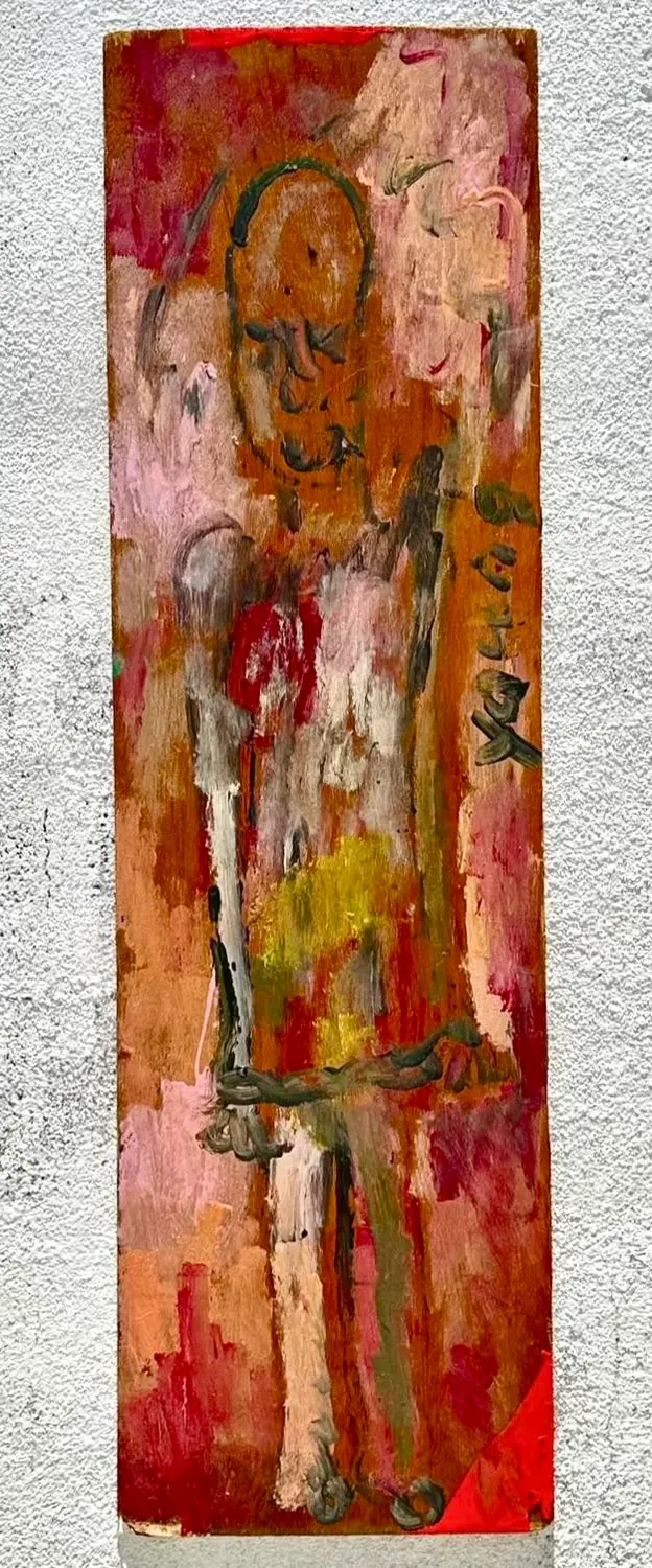Vintage Boho Purvis Young Abstract Figural Painting on Board - Back view