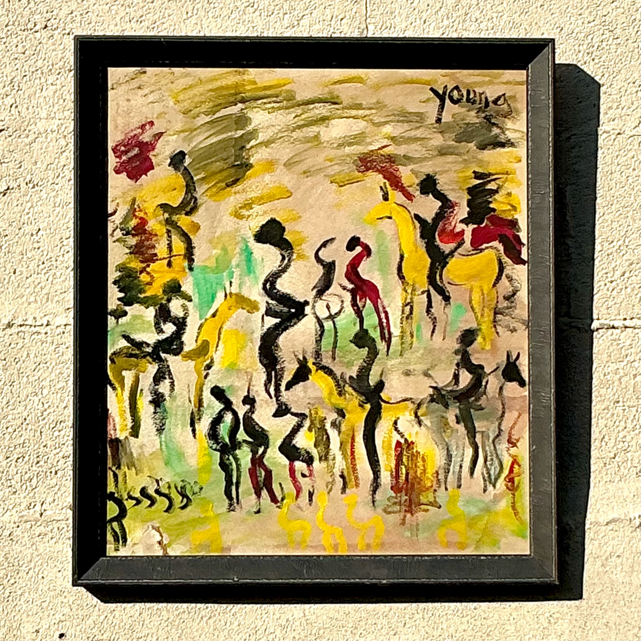 Vintage Boho Purvis Young Abstract Figurative Oil On Paper  - Side view