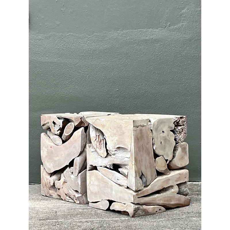 Vintage Boho Puzzle Wood Low Stools - A Pair - Detail view