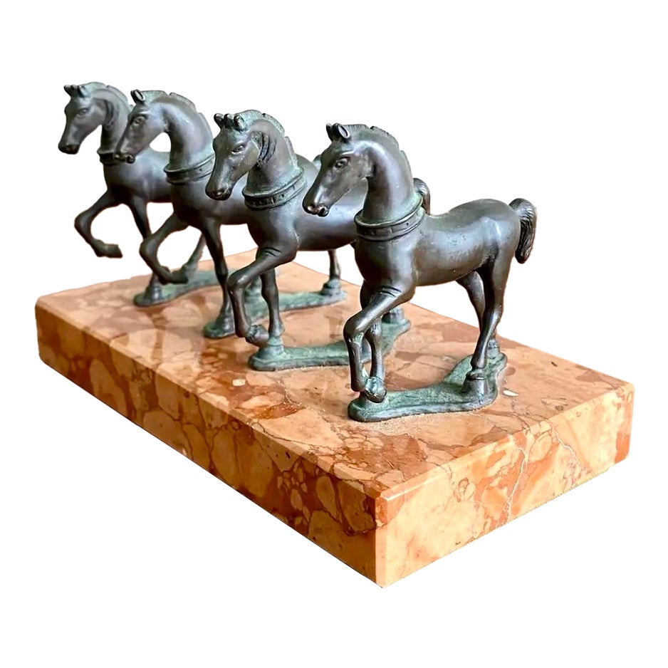 Vintage Boho Quadruple Bronze Horse Statute on Marble Base - Detail view