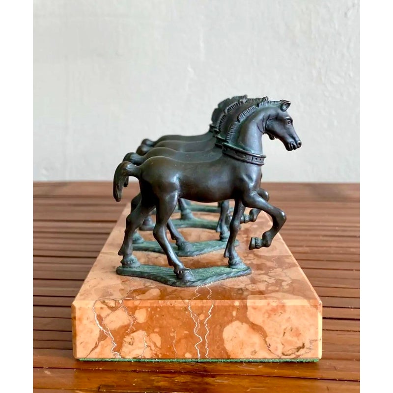Vintage Boho Quadruple Bronze Horse Statute on Marble Base - Top view