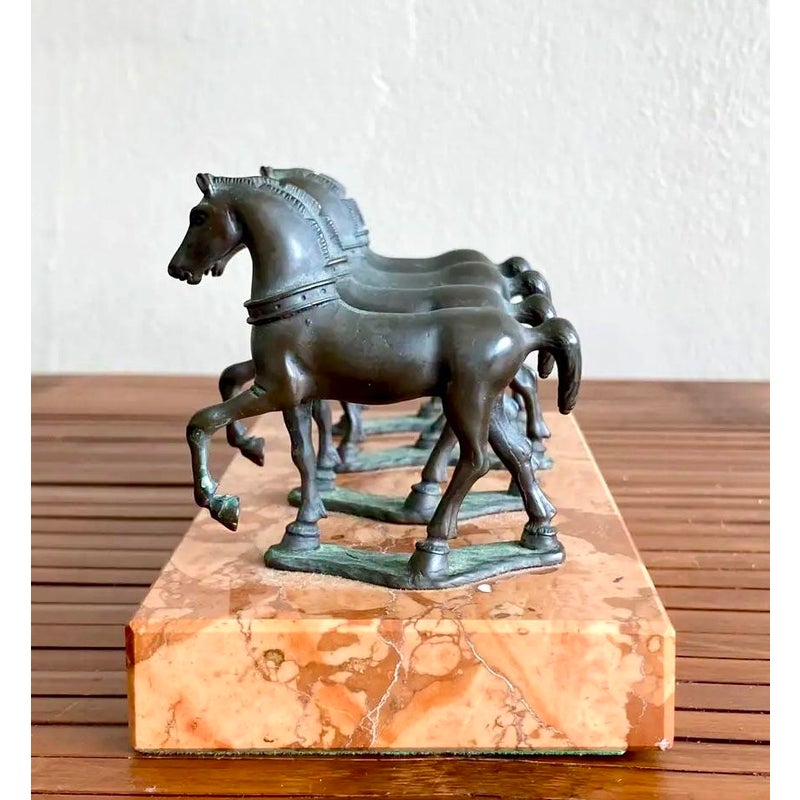 Vintage Boho Quadruple Bronze Horse Statute on Marble Base - Side view