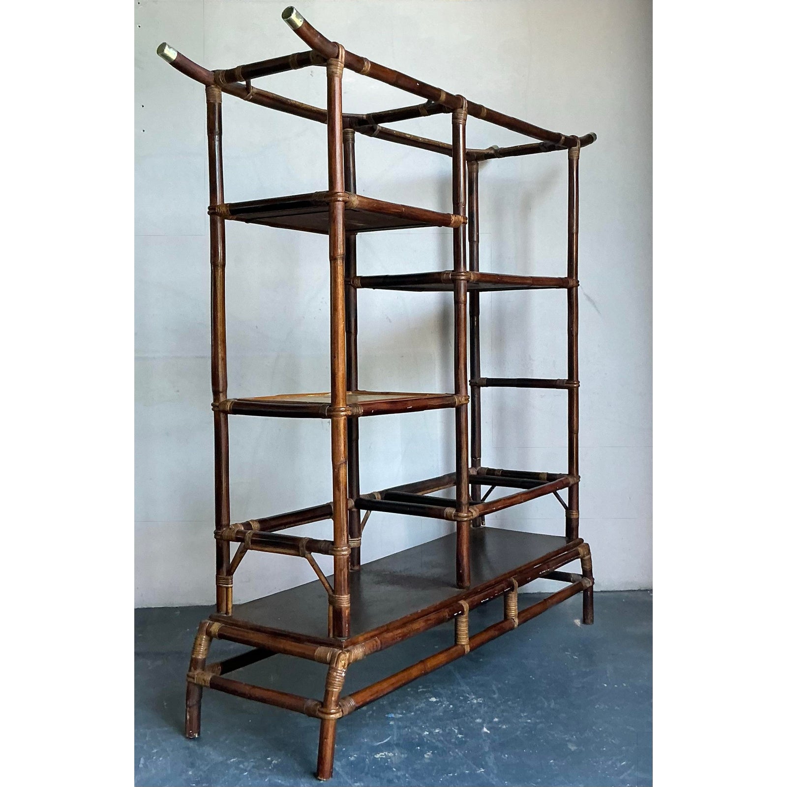 Vintage Boho Rattan Pagoda Etagere After John Wisner for Ficks Reed - Top view