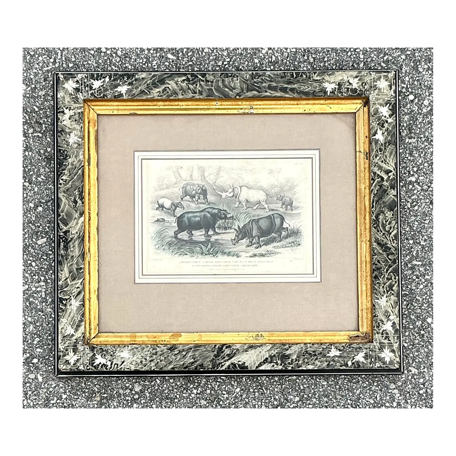 Vintage Boho Rhino Engraving in Carved Frame