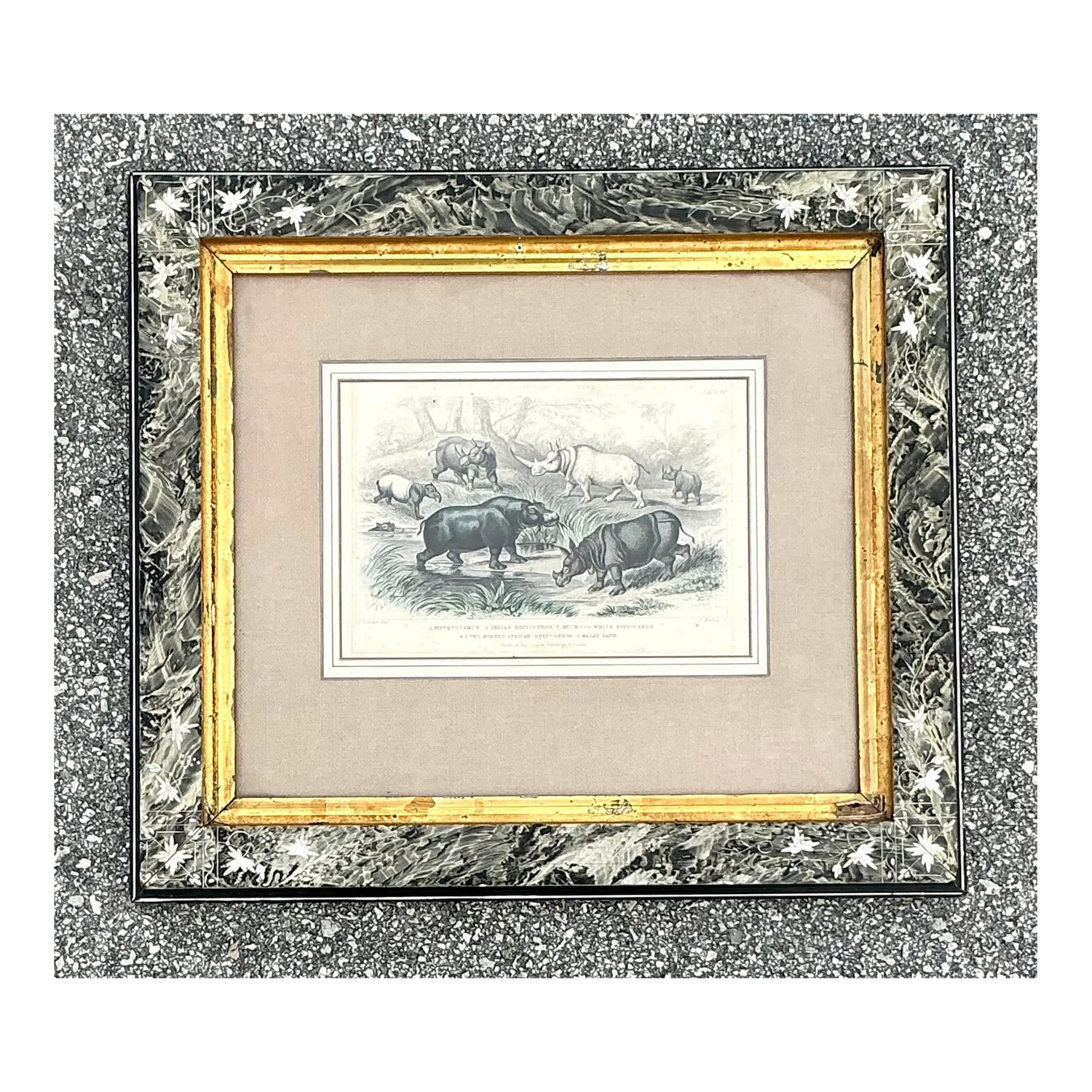 Vintage Boho Rhino Engraving in Carved Frame - Detail view