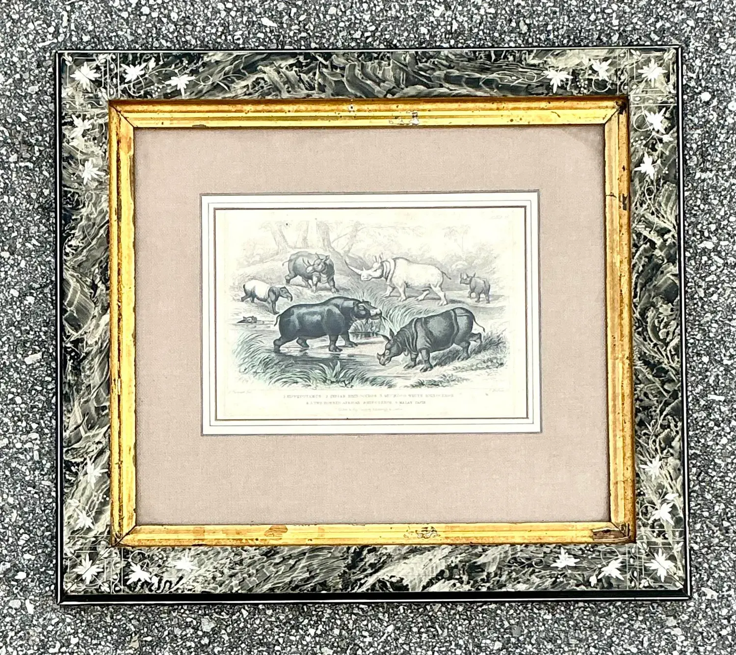 Vintage Boho Rhino Engraving in Carved Frame - Side view