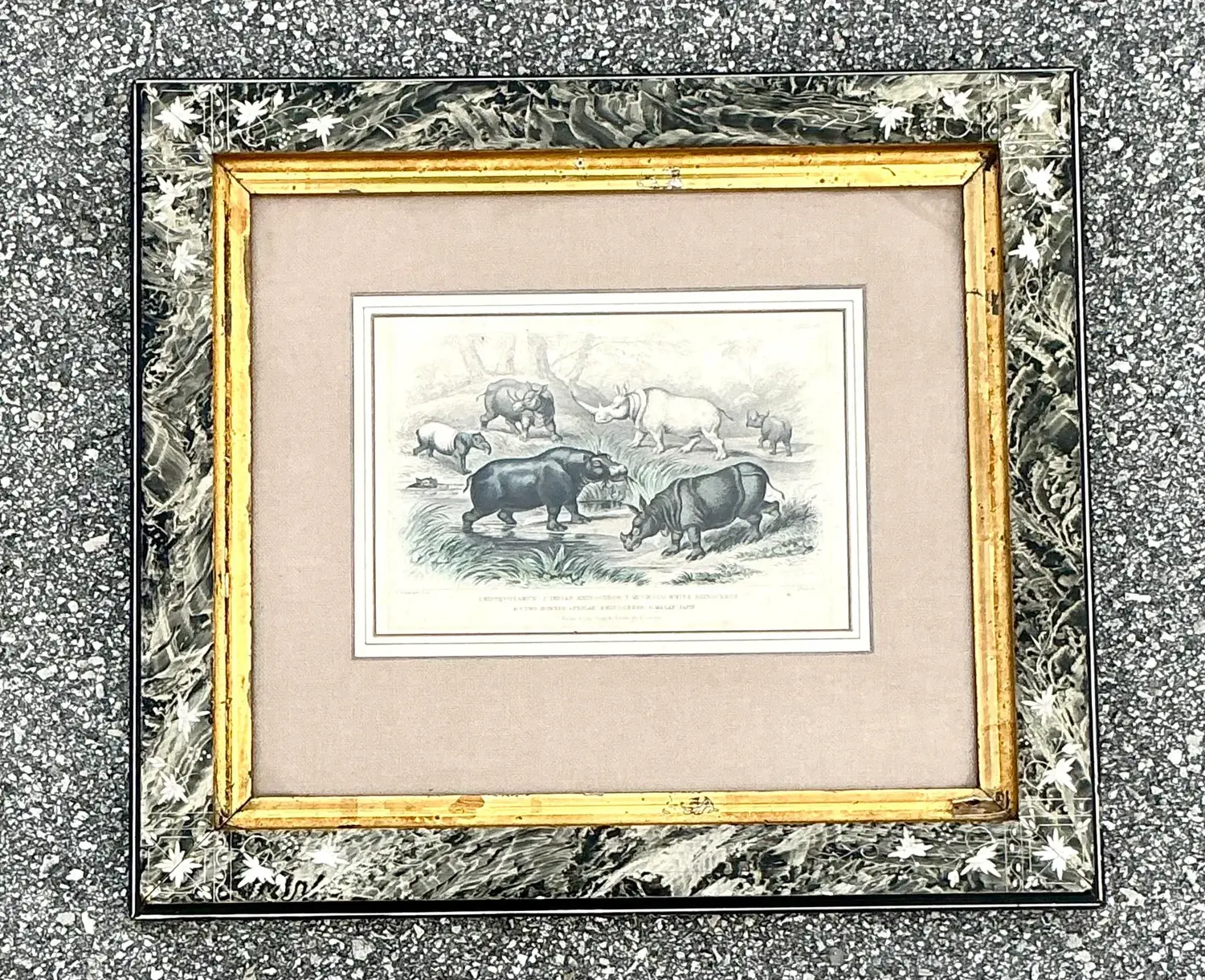Vintage Boho Rhino Engraving in Carved Frame - Back view