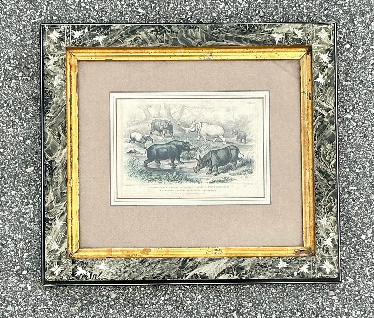 Vintage Boho Rhino Engraving in Carved Frame - Top view