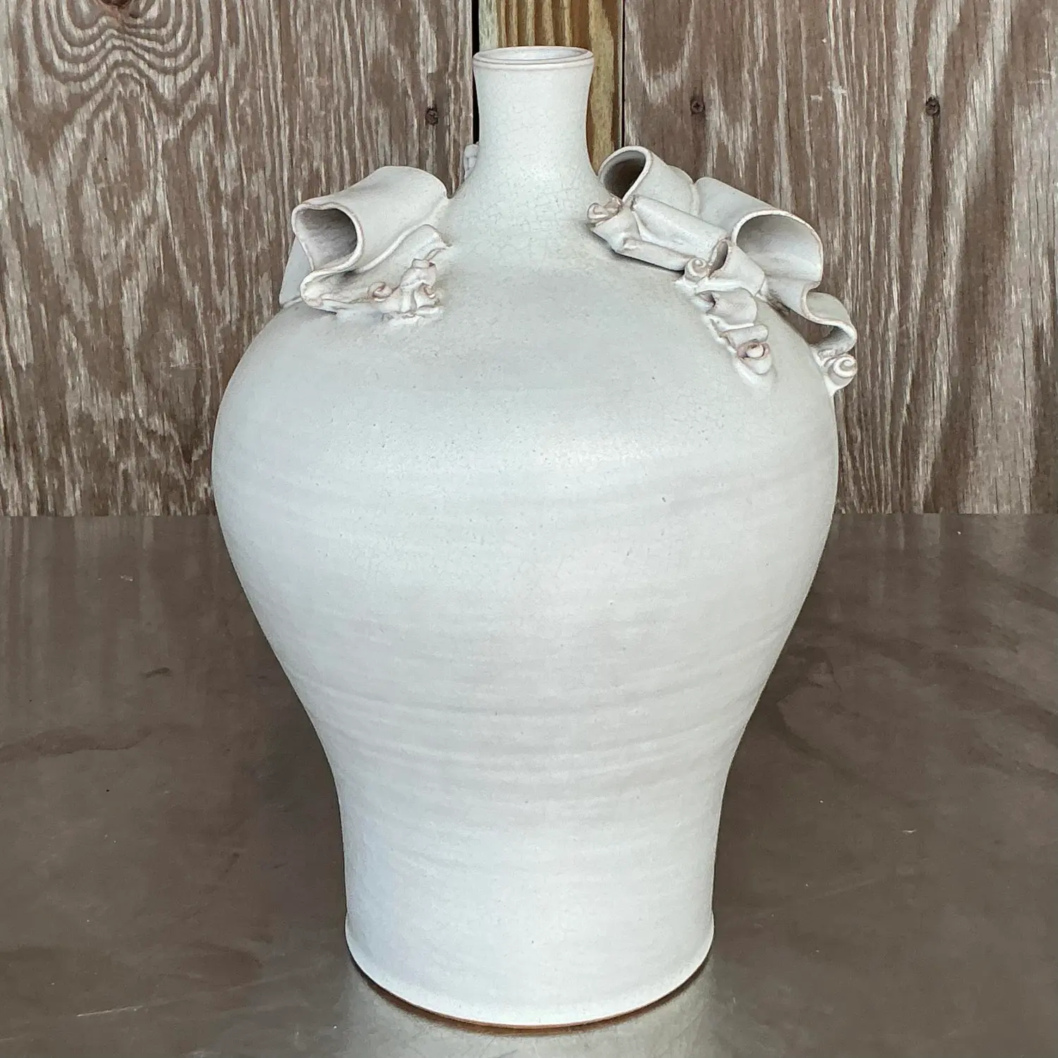 Vintage Boho Ribbons Studio Pottery Vase - Side view