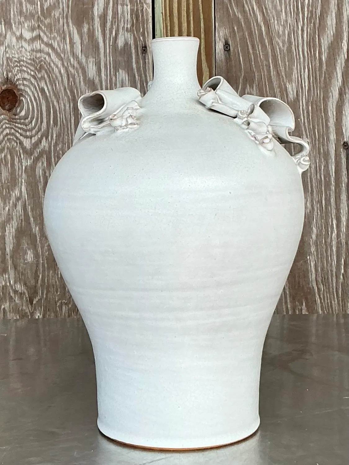 Vintage Boho Ribbons Studio Pottery Vase - Back view
