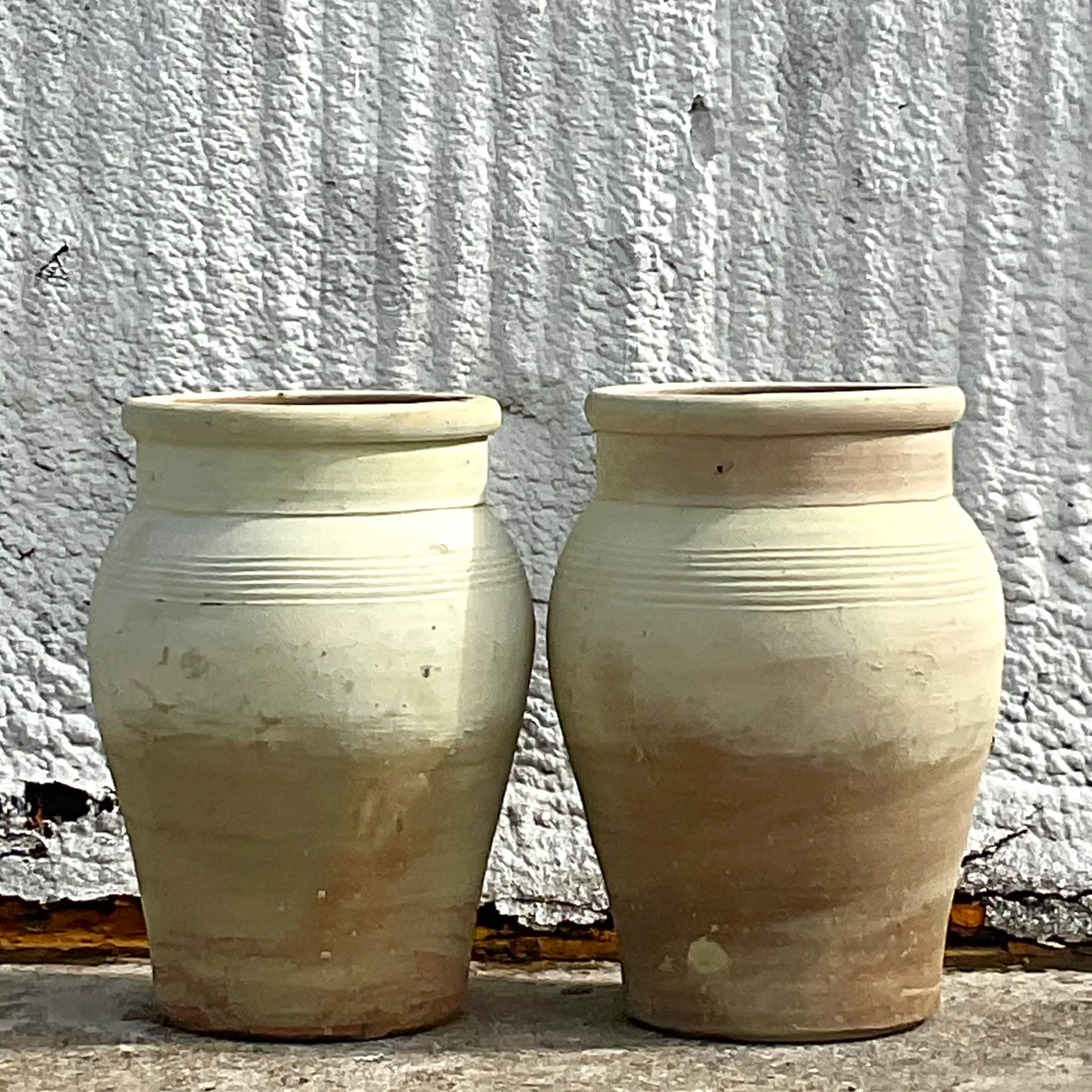 Vintage Boho Rippled Band Terra Cotta Urns - Set of Two - Detail view