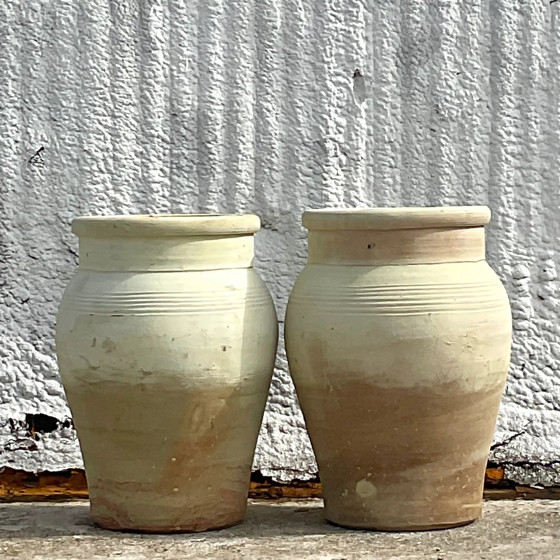 Vintage Boho Rippled Band Terra Cotta Urns - Set of Two - Back view