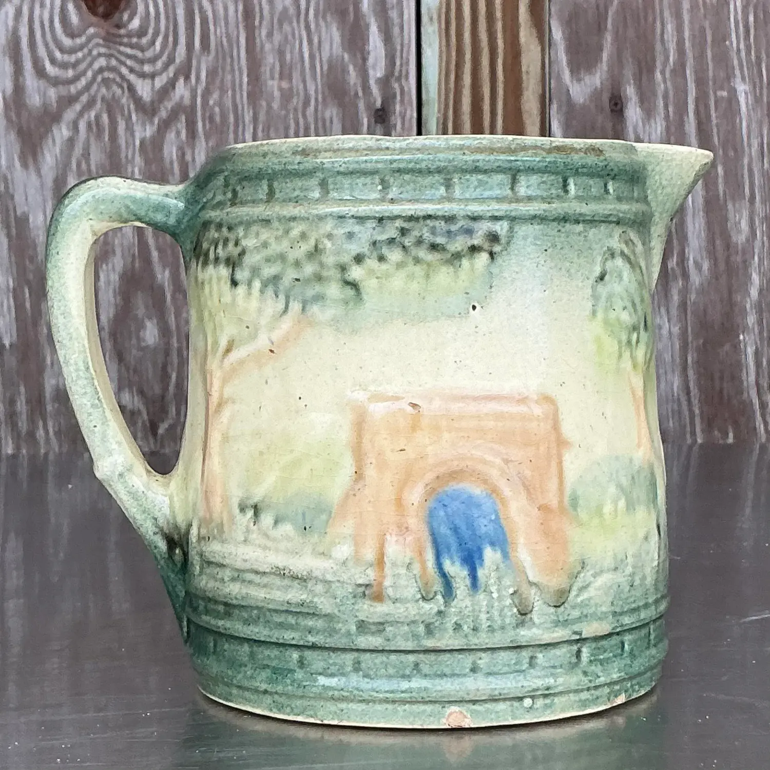 Vintage Boho Roseville Ceramic Milk Pitcher - Side view