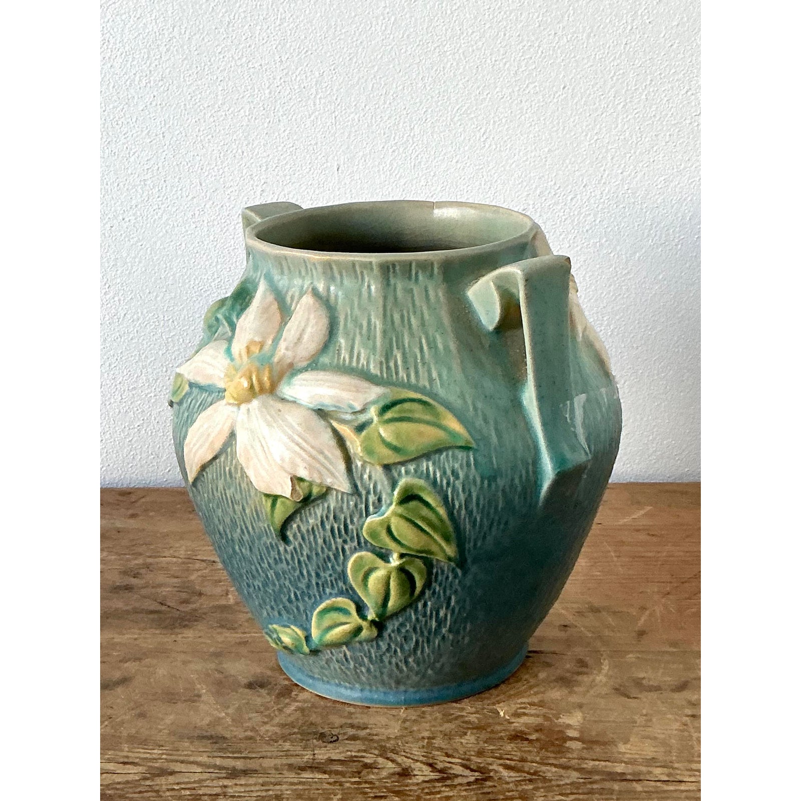Vintage Boho Roseville Green Vase - Side view
