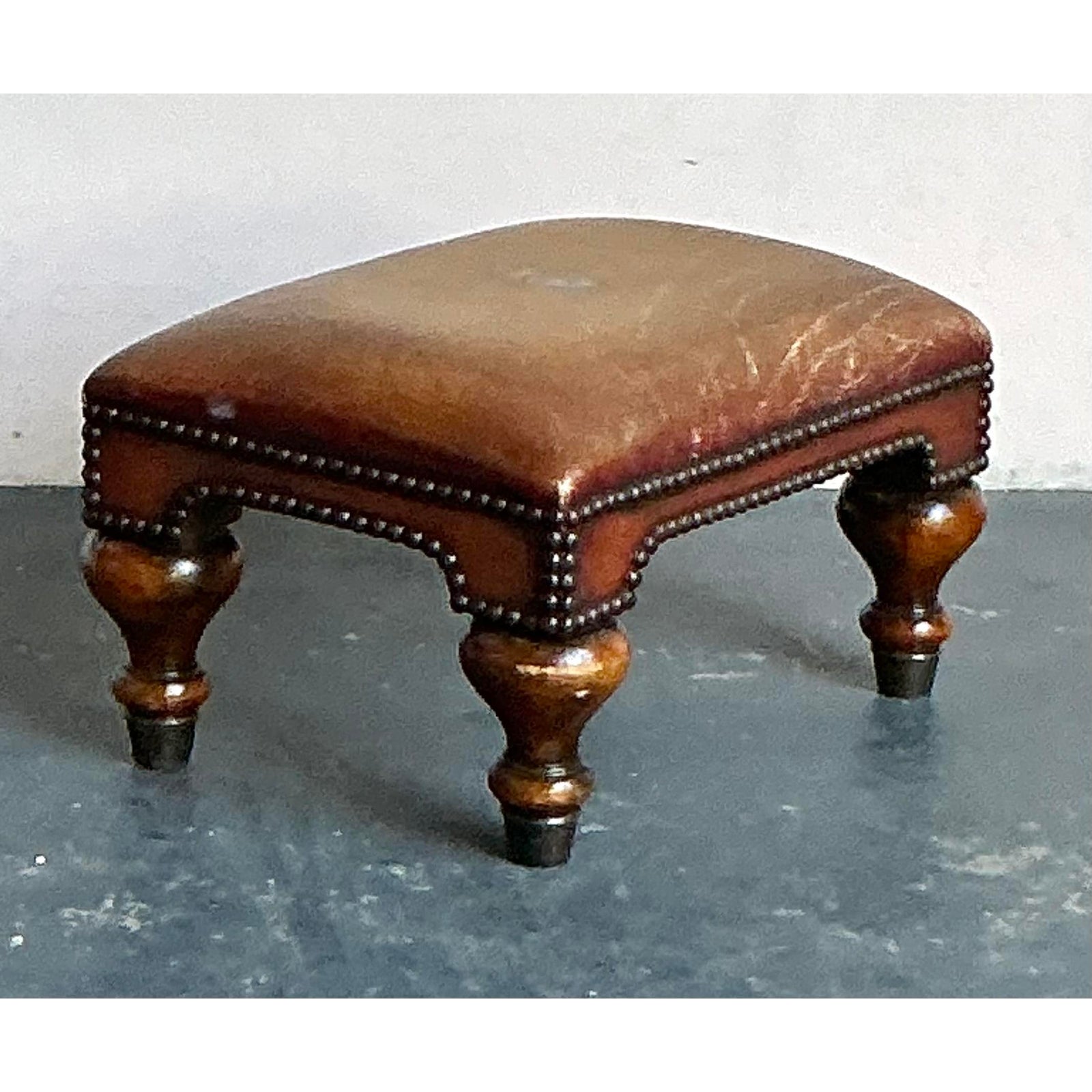 Vintage Boho Royal Crest Leather Footstool - Detail view