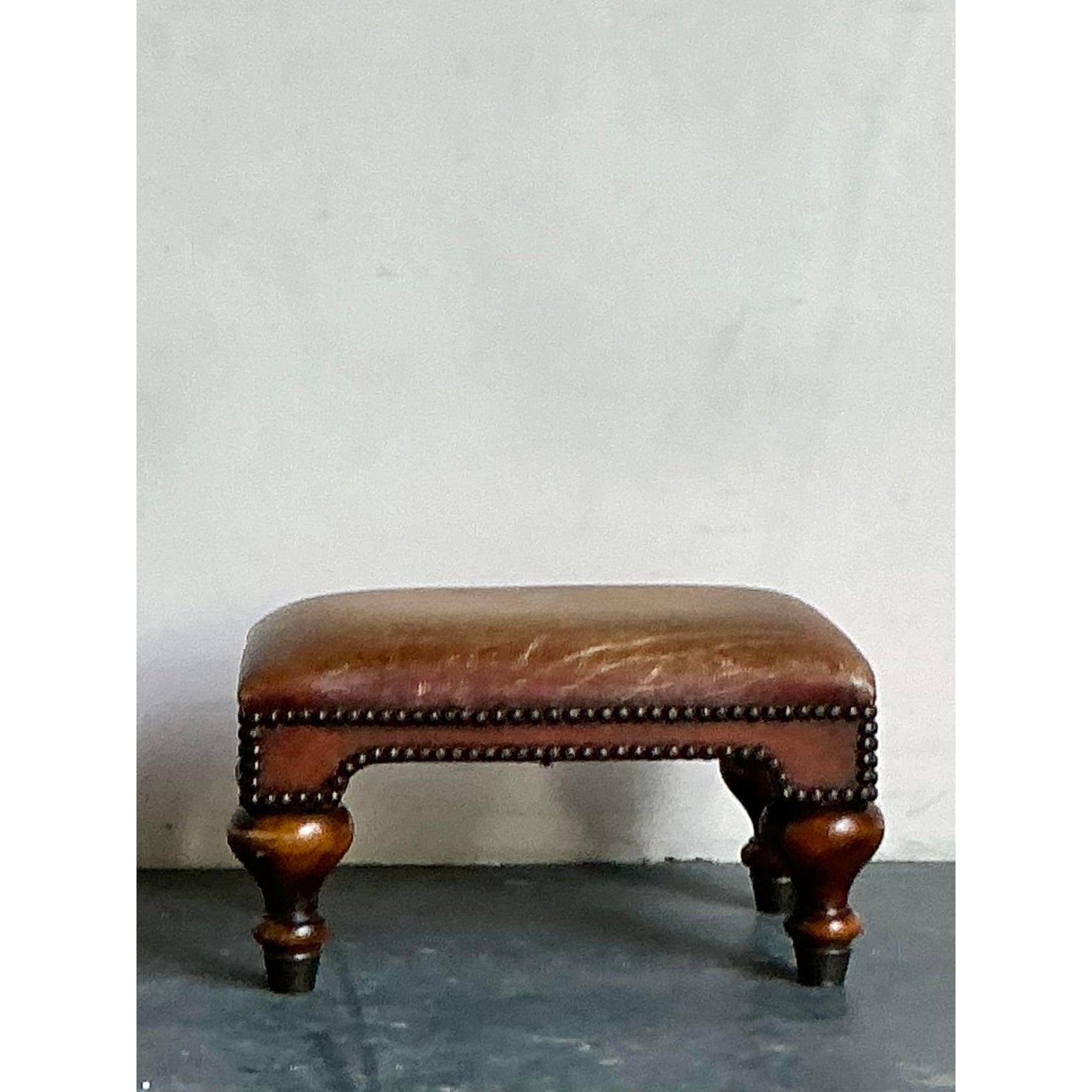 Vintage Boho Royal Crest Leather Footstool - Side view