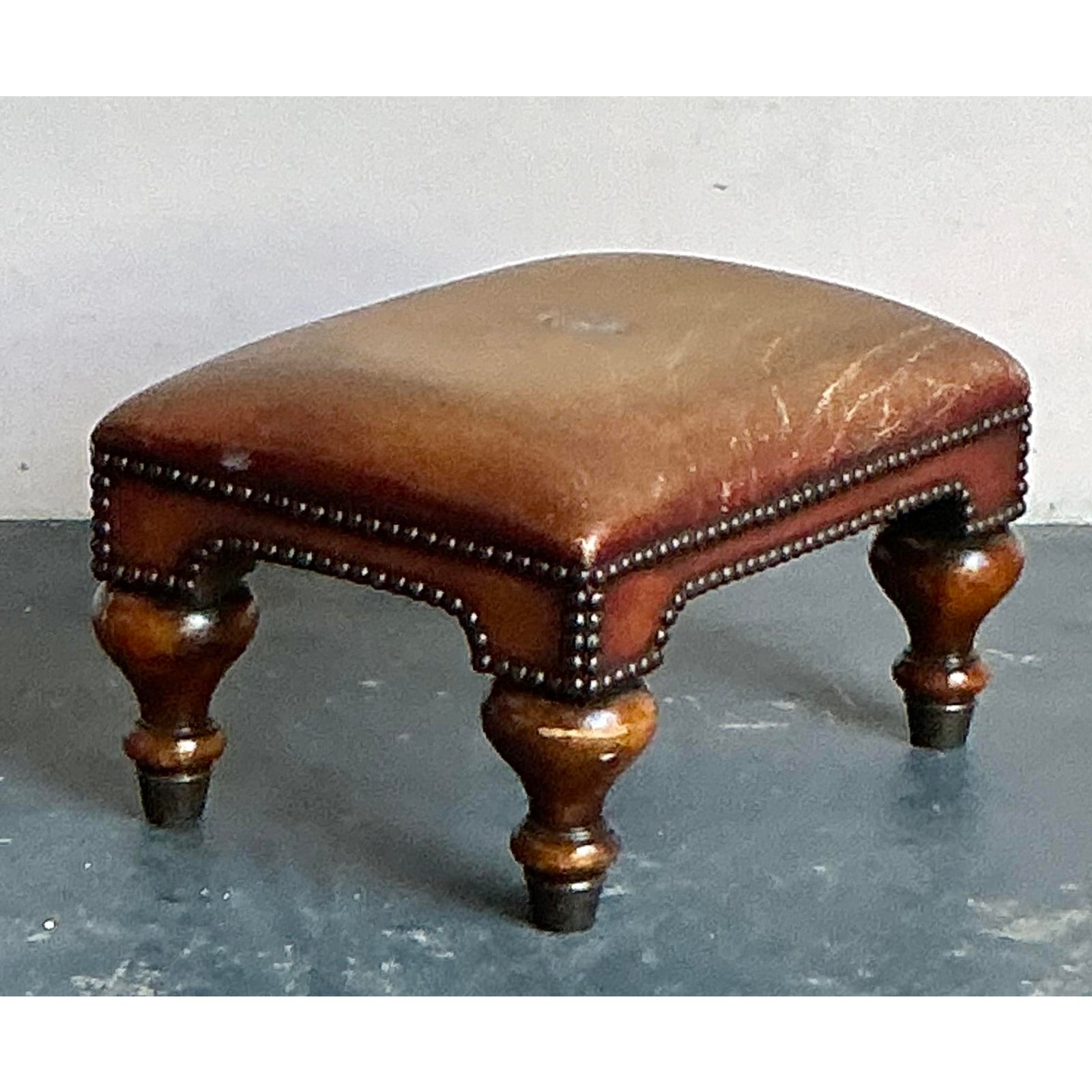 Vintage Boho Royal Crest Leather Footstool - Top view