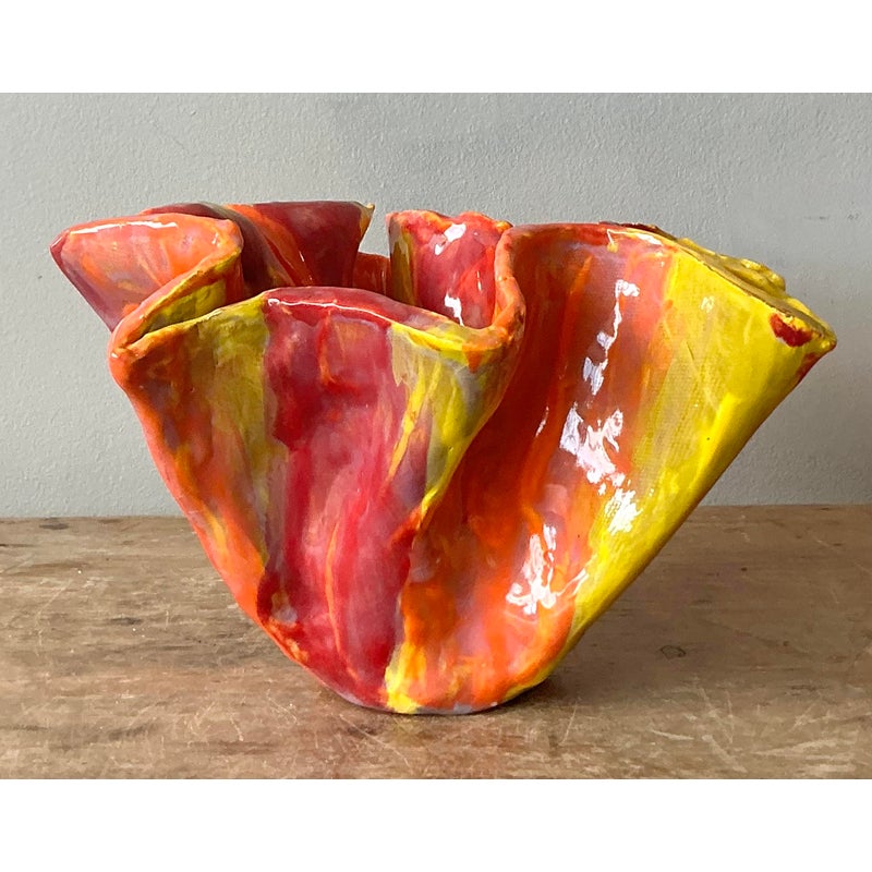 Vintage Boho Ruffle Studio Pottery Bowl - Side view