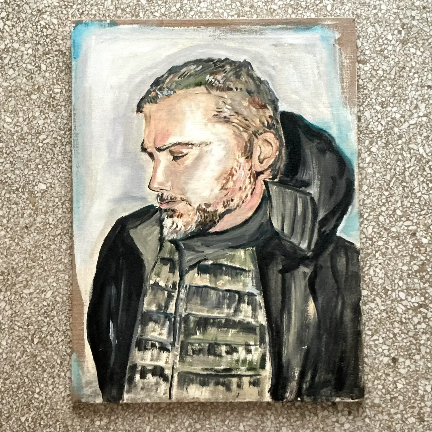 Vintage Boho Scooter LaForge Original Oil Portrait Painting on Canvas - Detail view