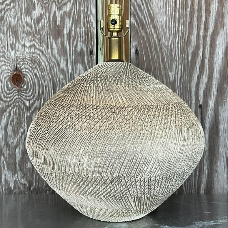 Vintage Boho Scored Ceramic Lamp - Side view