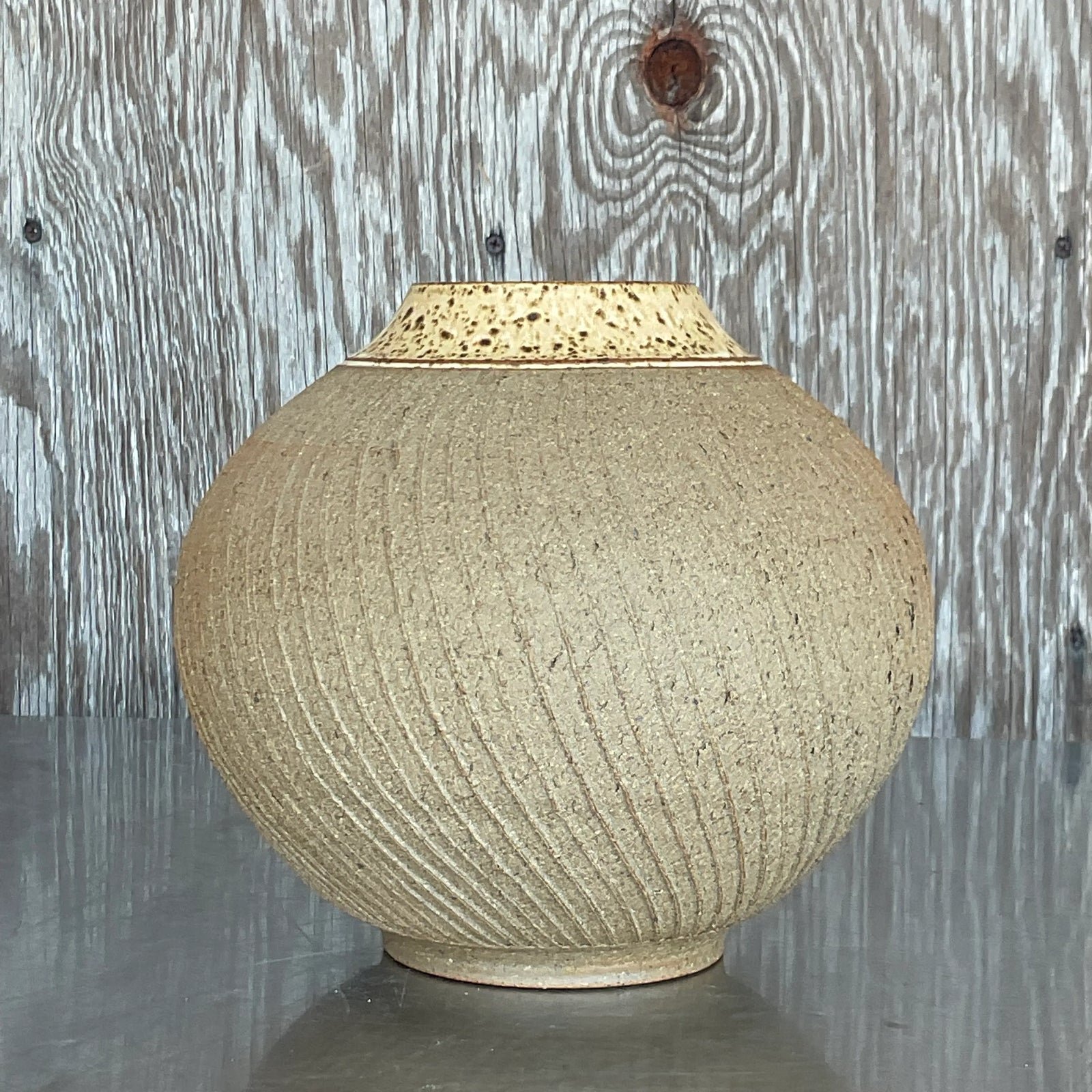 Vintage Boho Scored Studio Pottery Vase - Back view