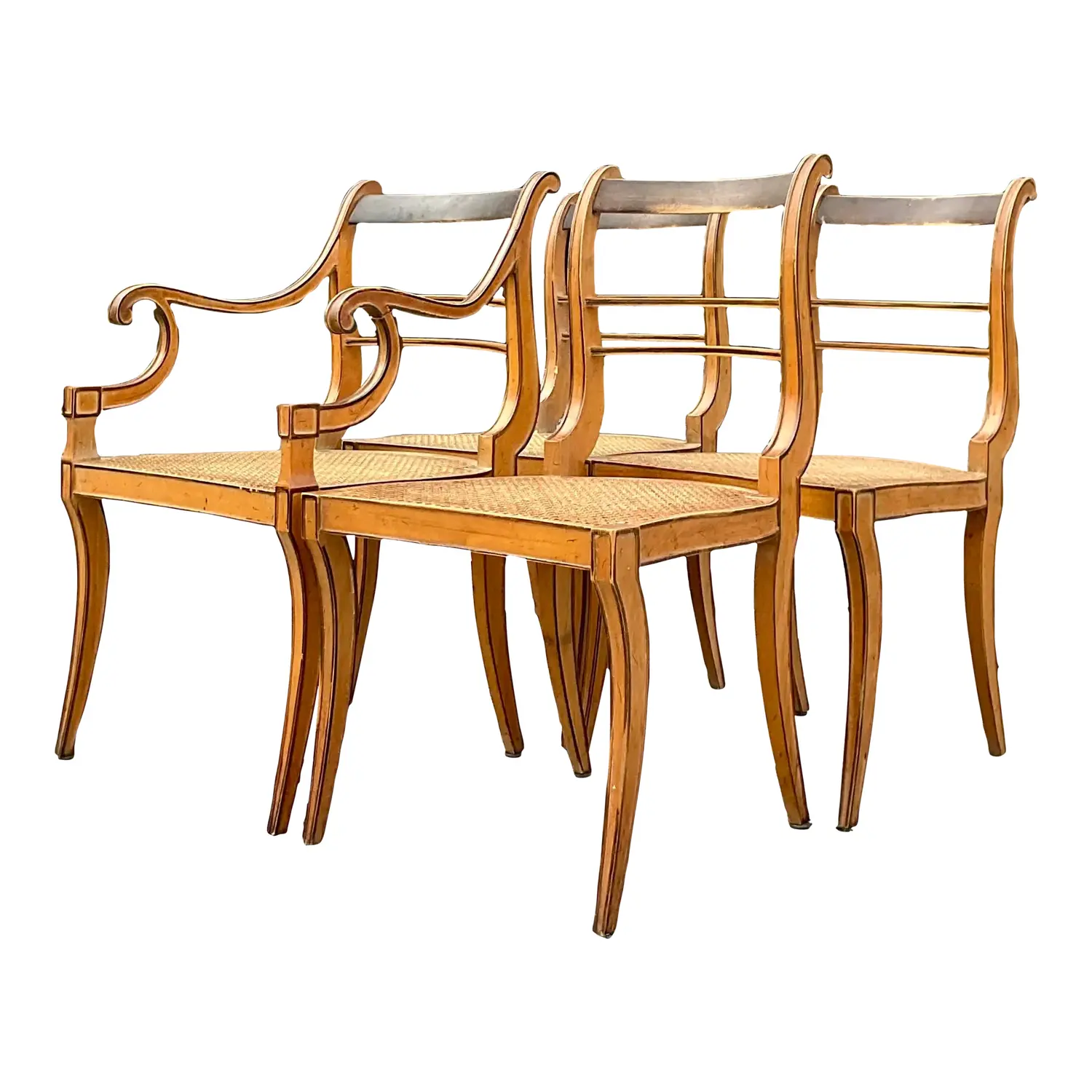 Vintage Boho Scroll Back Cane Dining Chairs - Set of Four